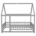 Full Size Floor Wooden Bed With House Roof Frame, Fence Guardrails ,Grey Full Grey Pine