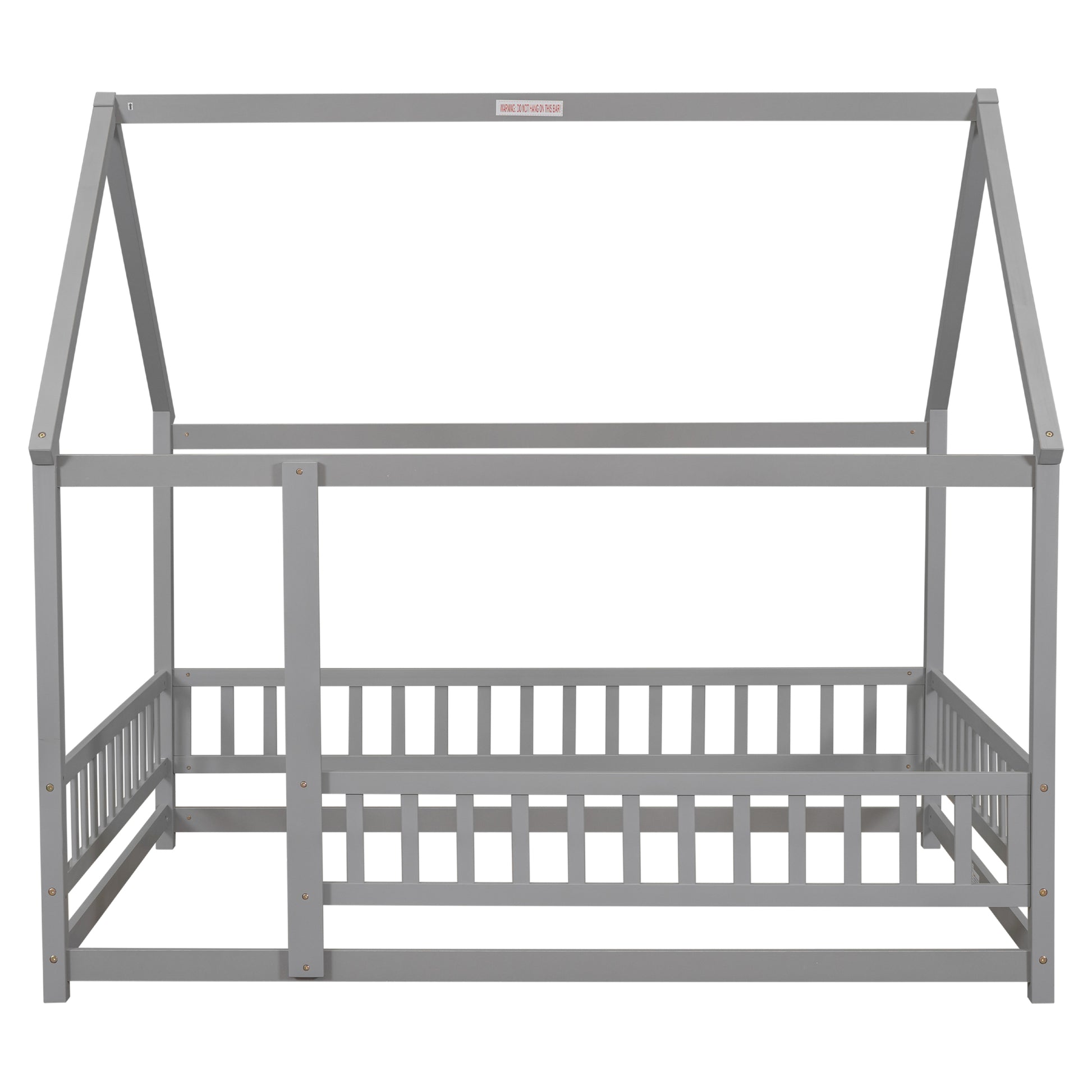 Full Size Floor Wooden Bed With House Roof Frame, Fence Guardrails ,Grey Full Grey Pine