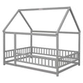 Full Size Floor Wooden Bed With House Roof Frame, Fence Guardrails ,Grey Full Grey Pine