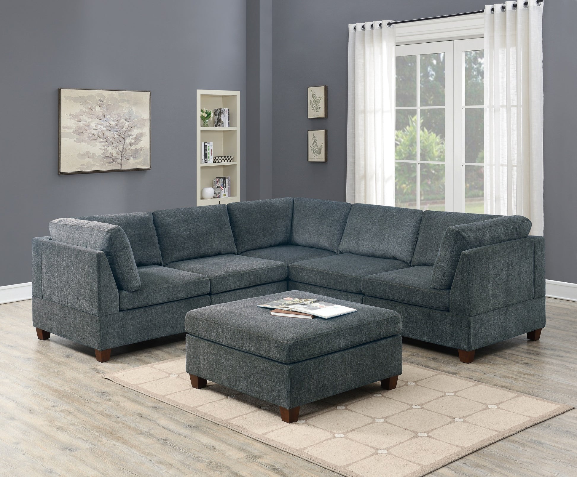 1Pc Ottoman Only Grey Chenille Fabric Cocktail Ottoman Cushion Seat Living Room Furniture Grey Chenille Primary Living Space Contemporary,Modern Rectangle Chenille