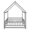 Full Size Floor Wooden Bed With House Roof Frame, Fence Guardrails ,Grey Full Grey Pine