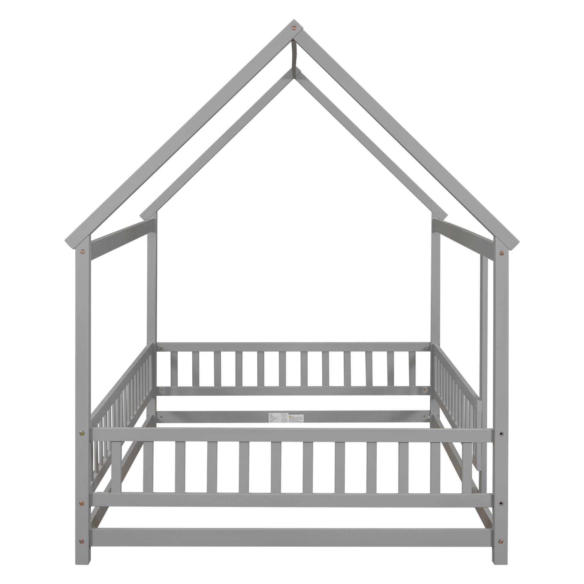 Full Size Floor Wooden Bed With House Roof Frame, Fence Guardrails ,Grey Full Grey Pine