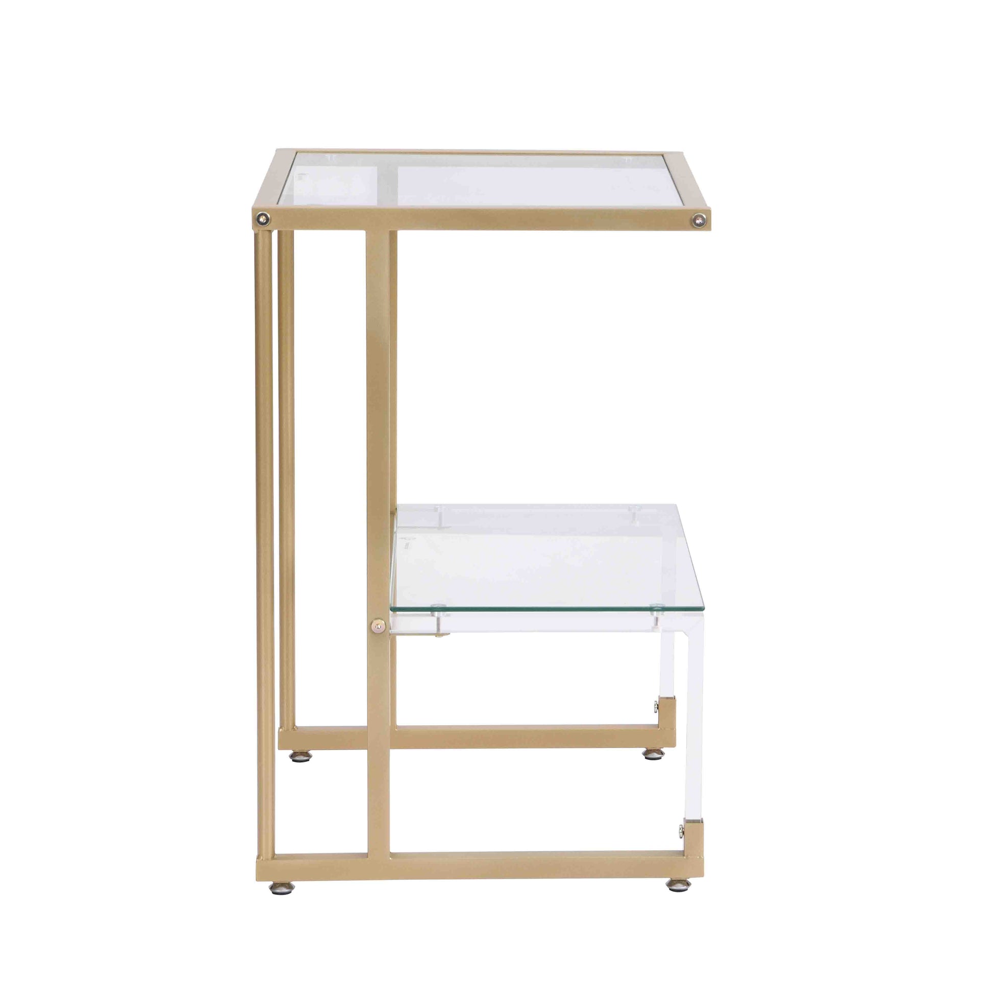 Golden Side Table, 2 Tier Acrylic Glass End Table For Living Room&Bedroom Gold Glass Iron