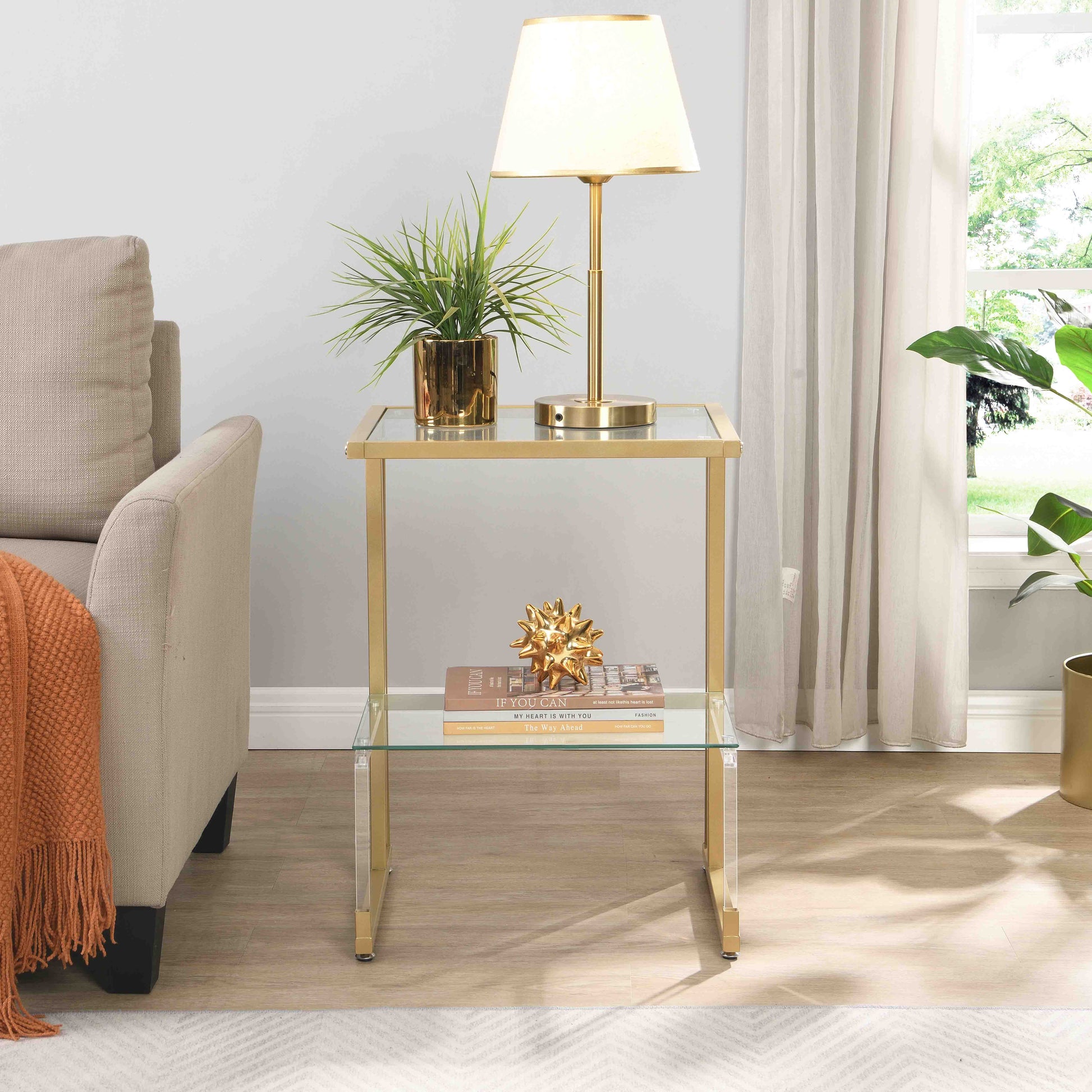 Golden Side Table, 2 Tier Acrylic Glass End Table For Living Room&Bedroom Gold Glass Iron