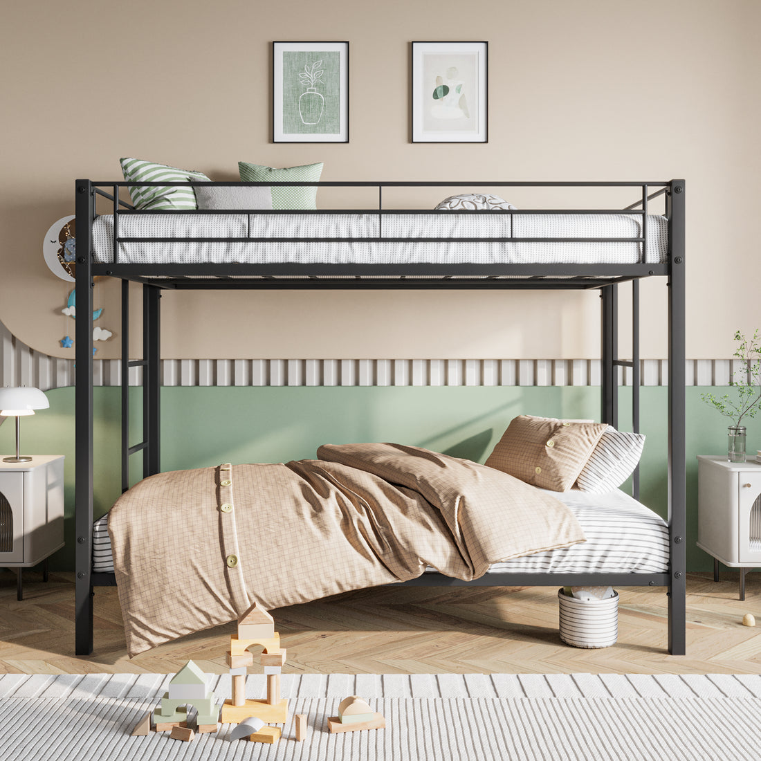 Metal Bunk Bed Twin Over Twin, Heavy Duty Twin Bunk Beds With Shelf And Slatted Support No Box Spring Needed Black Box Spring Not Required Twin Black Metal Bedroom Bunk Metal