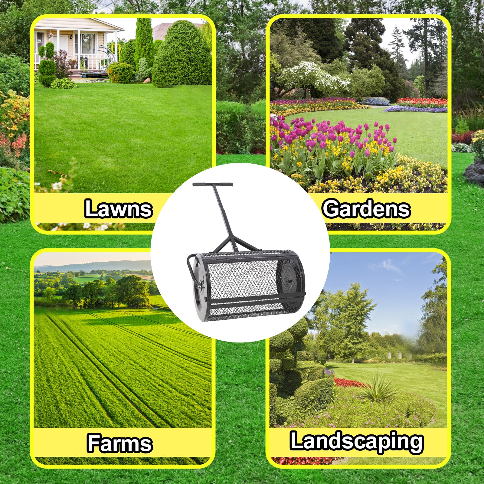 Peat Moss Spreader 24Inch,Compost Spreader Metal Mesh,T Shaped Handle For Planting Seeding,Lawn And Garden Care Manure Spreaders Roller,Heavy Duty Balck Black Steel