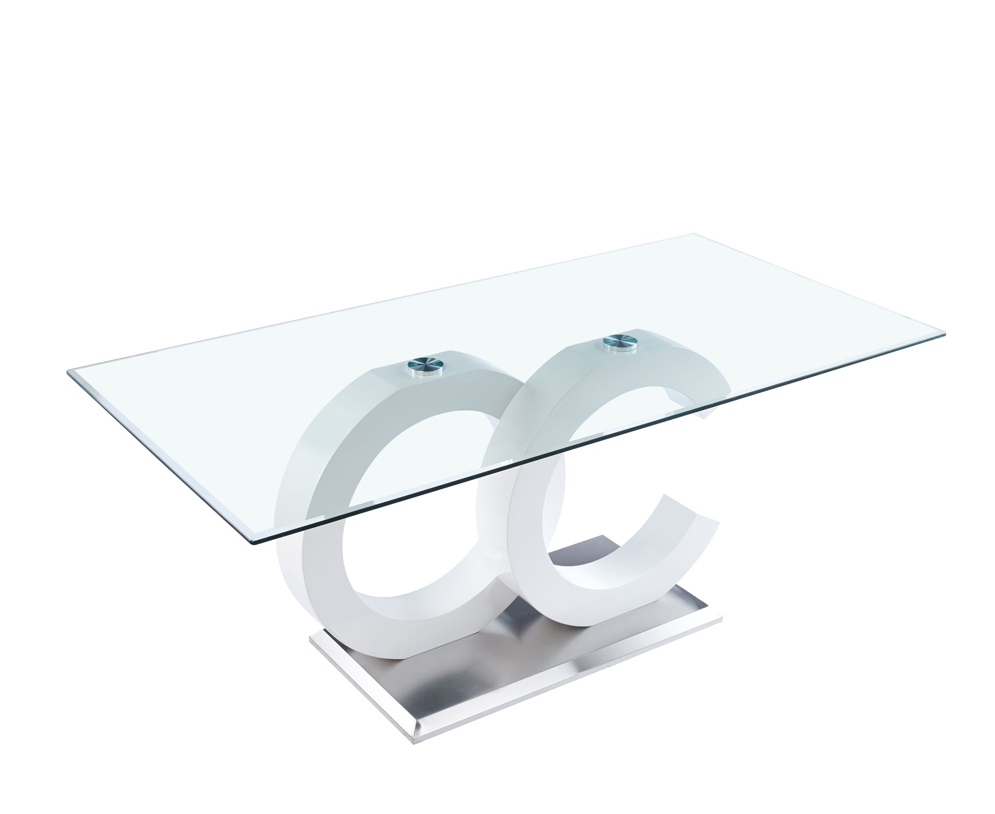 Tempered Glass Dining Table With White Mdf Middle Support And Stainless Steel Base For Modern Design White Tempered Glass