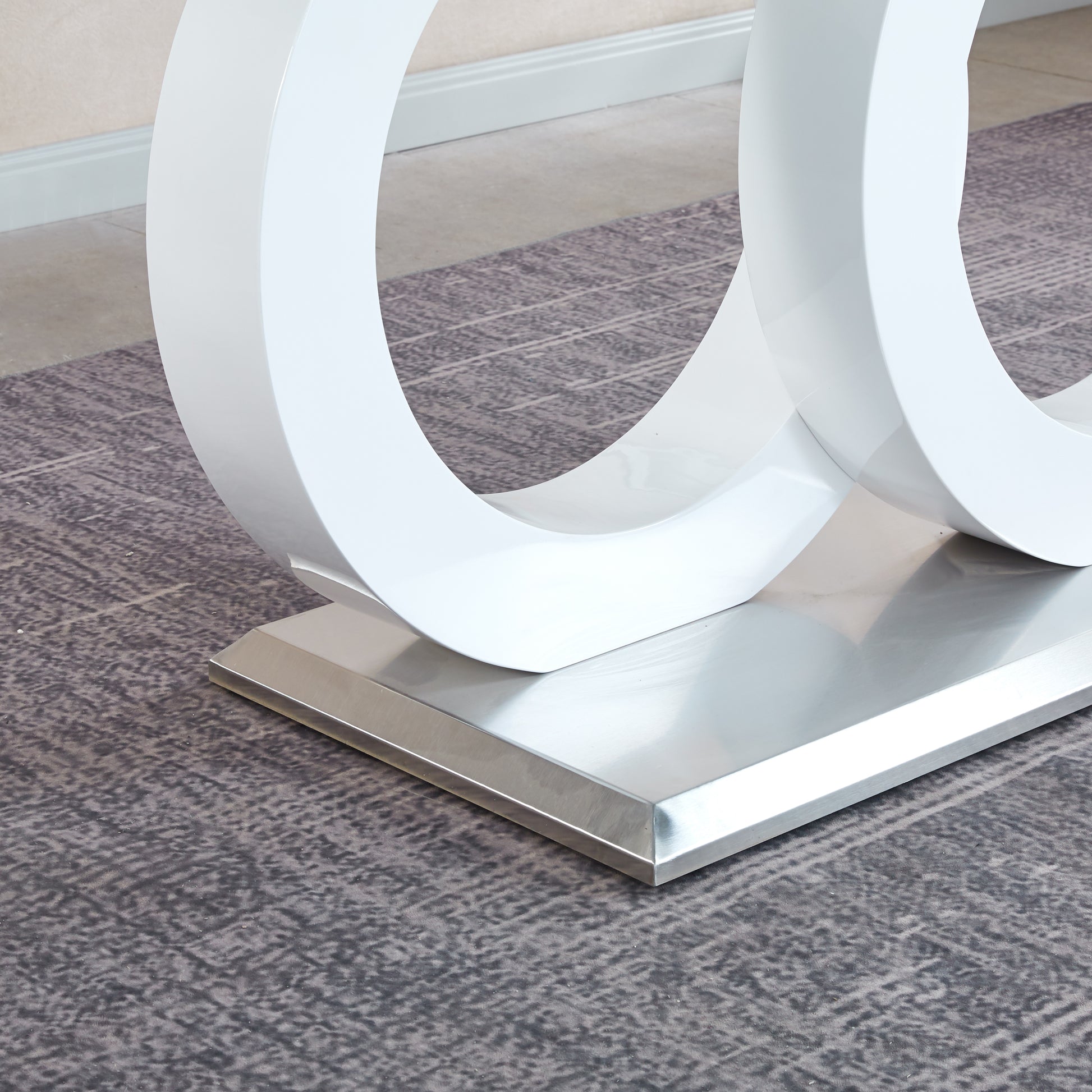 Tempered Glass Dining Table With White Mdf Middle Support And Stainless Steel Base For Modern Design White Tempered Glass