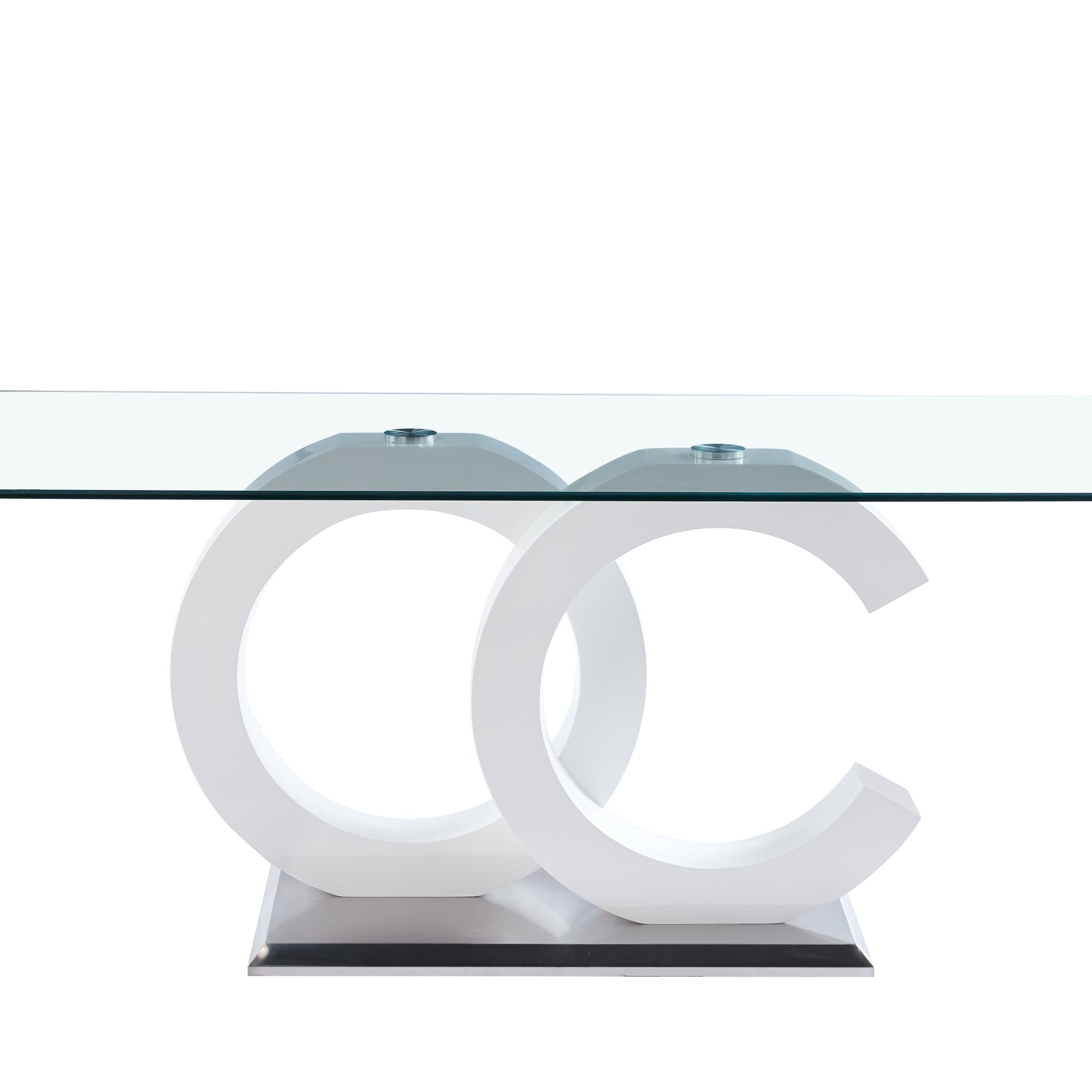 Tempered Glass Dining Table With White Mdf Middle Support And Stainless Steel Base For Modern Design White Tempered Glass