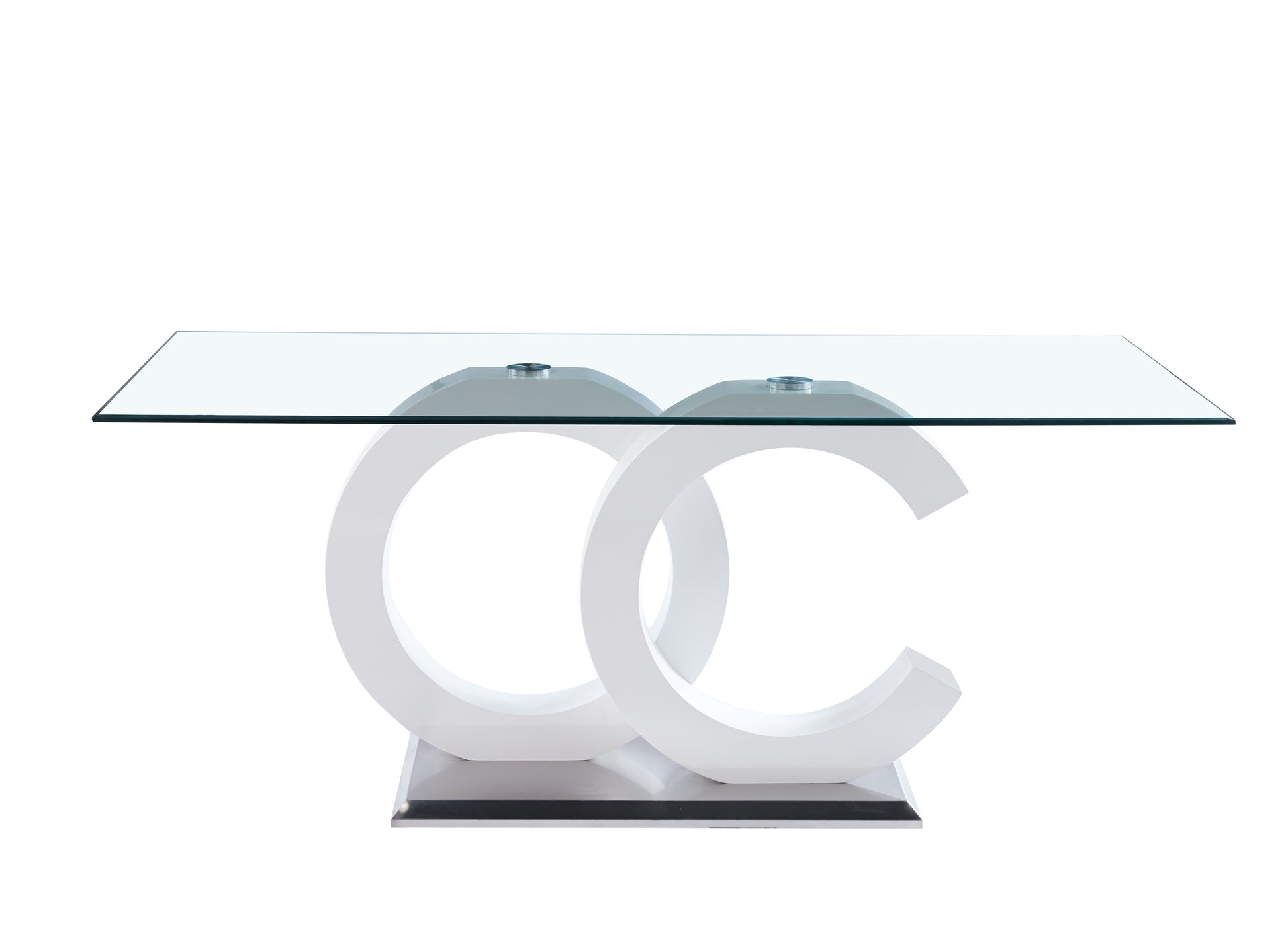Tempered Glass Dining Table With White Mdf Middle Support And Stainless Steel Base For Modern Design White Tempered Glass