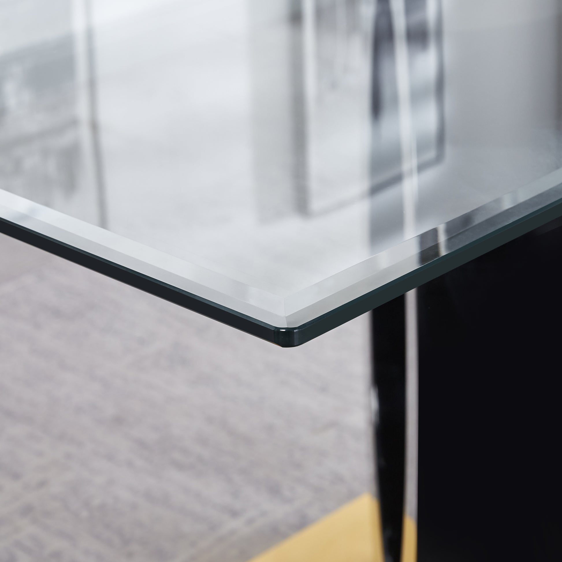 Modern Design Tempered Glass Dining Table With Black Mdf Middle Support And Stainless Steel Base Black Tempered Glass