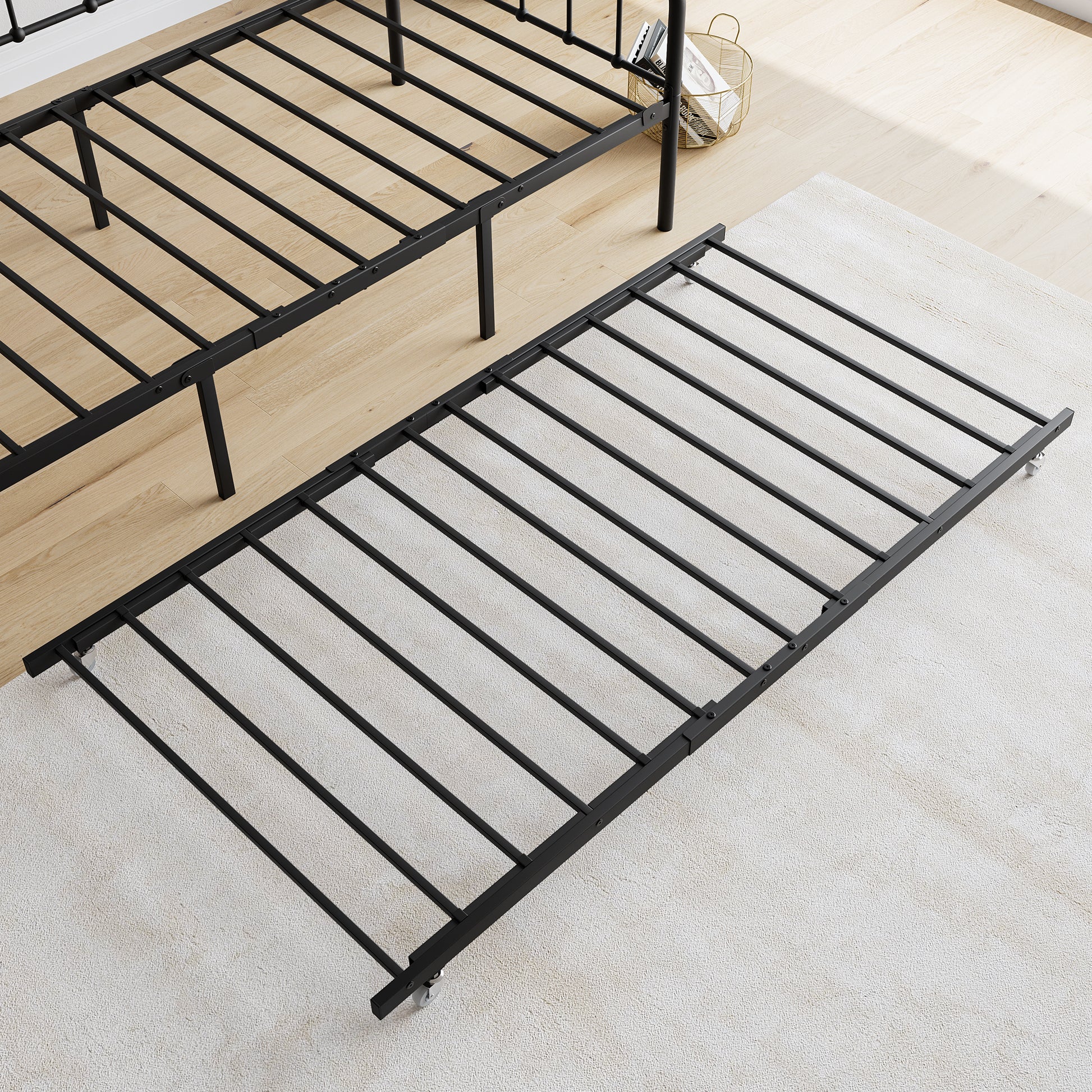 Twin Size Metal Daybed Frame With Trundle, Heavy Duty Steel Slat Support Sofa Bed Platform With Headboard, No Box Spring Needed, Black Box Spring Not Required Twin Black Metal Bedroom Metal