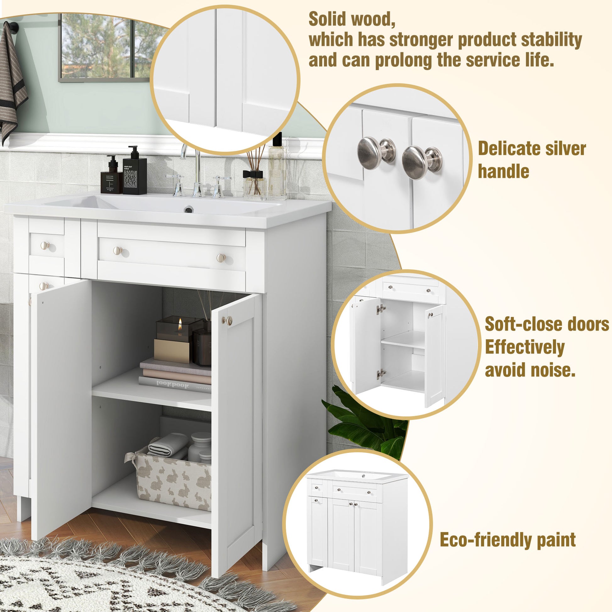 30 Inch White Bathroom Vanity With Ceramic Sink Combo, Abundant Storage Cabinet 2 Soft Close Doors And Double Tier Deep Drawer White Bathroom Mdf