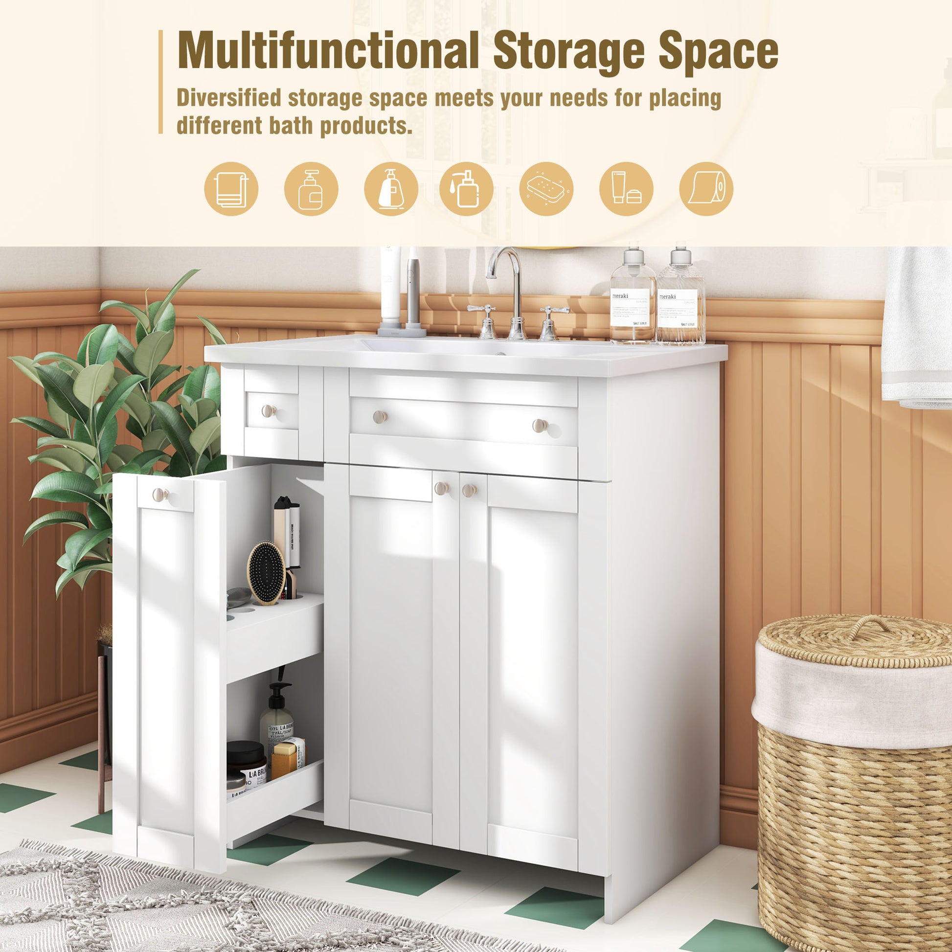 30 Inch White Bathroom Vanity With Ceramic Sink Combo, Abundant Storage Cabinet 2 Soft Close Doors And Double Tier Deep Drawer White Bathroom Mdf