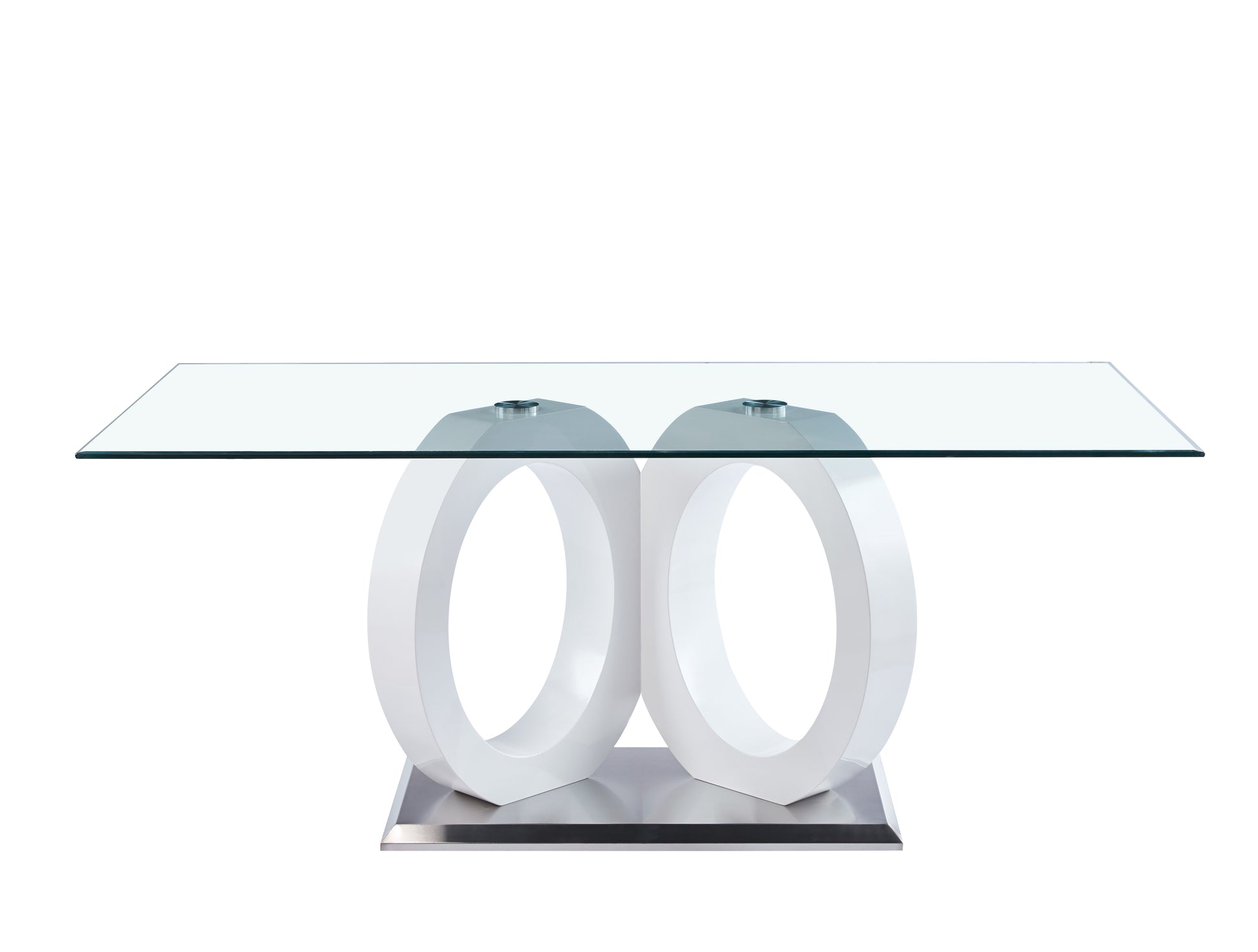 Modern Design Tempered Glass Dining Table With White Mdf Middle Support And Stainless Steel Base White Tempered Glass