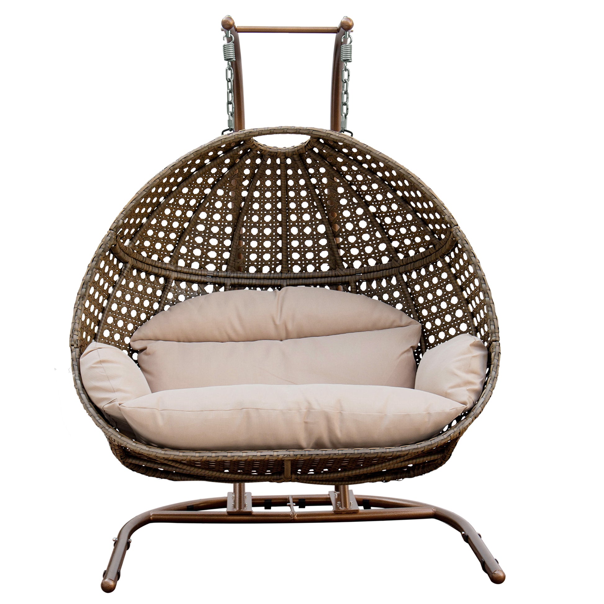 Double Seat Swing Chair With Stand And Cushion Brown Beige Cotton Rattan