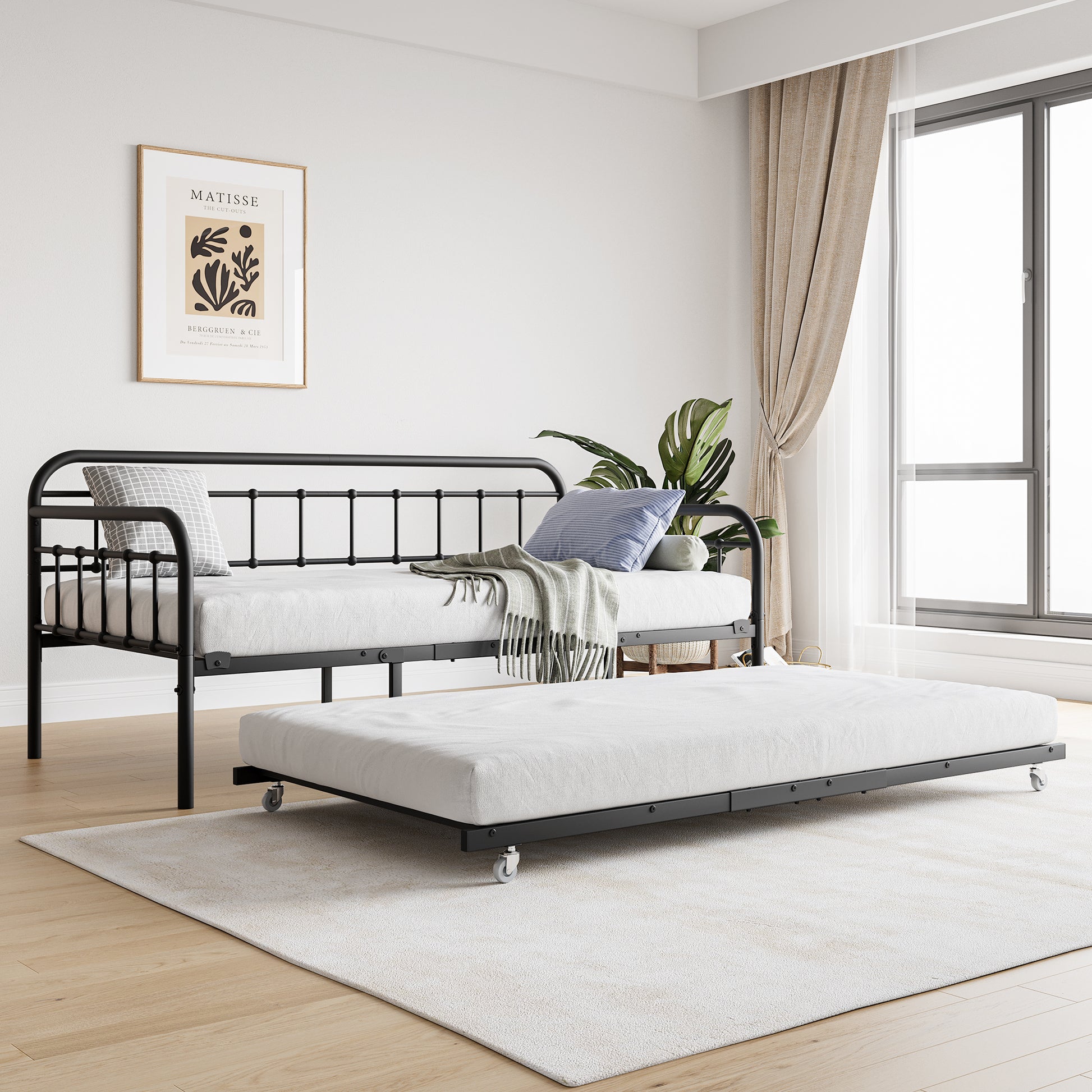 Twin Size Metal Daybed Frame With Trundle, Heavy Duty Steel Slat Support Sofa Bed Platform With Headboard, No Box Spring Needed, Black Box Spring Not Required Twin Black Metal Bedroom Metal