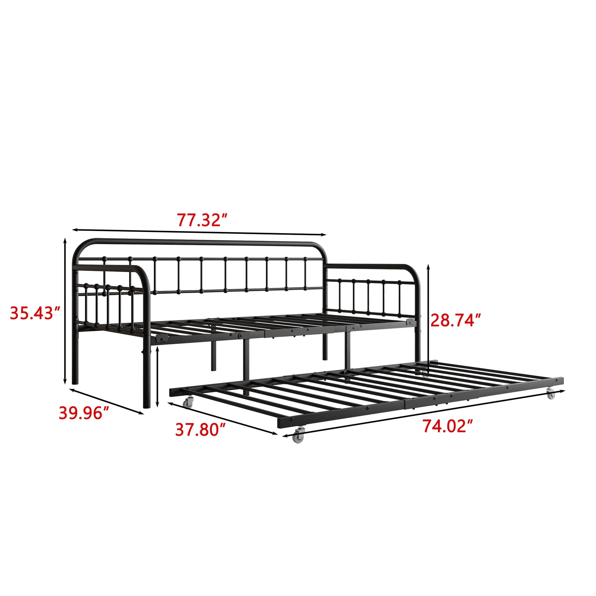 Twin Size Metal Daybed Frame With Trundle, Heavy Duty Steel Slat Support Sofa Bed Platform With Headboard, No Box Spring Needed, Black Box Spring Not Required Twin Black Metal Bedroom Metal