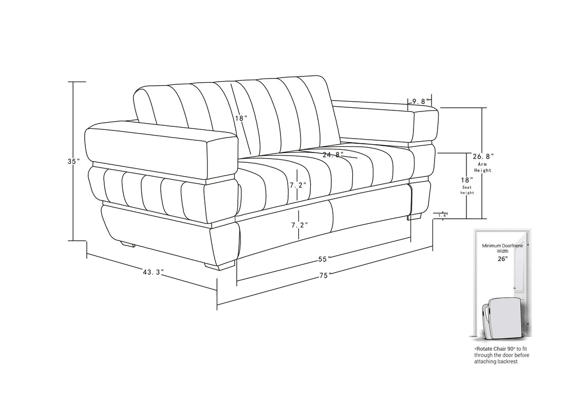Top Grain Italian Leather Loveseat Camel Foam Leather