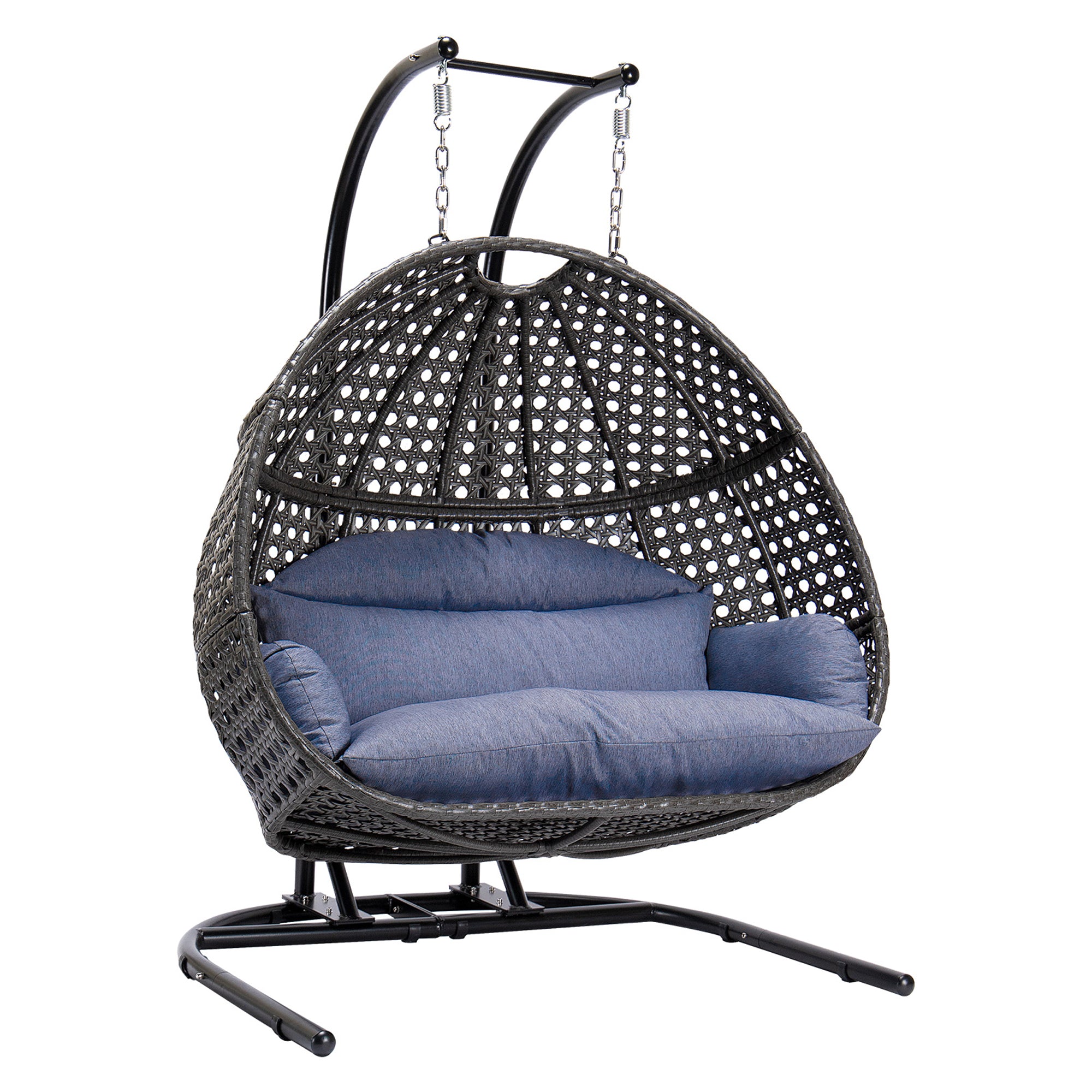 Double Seat Swing Chair With Stand And Cushion Black Blue Cotton Rattan