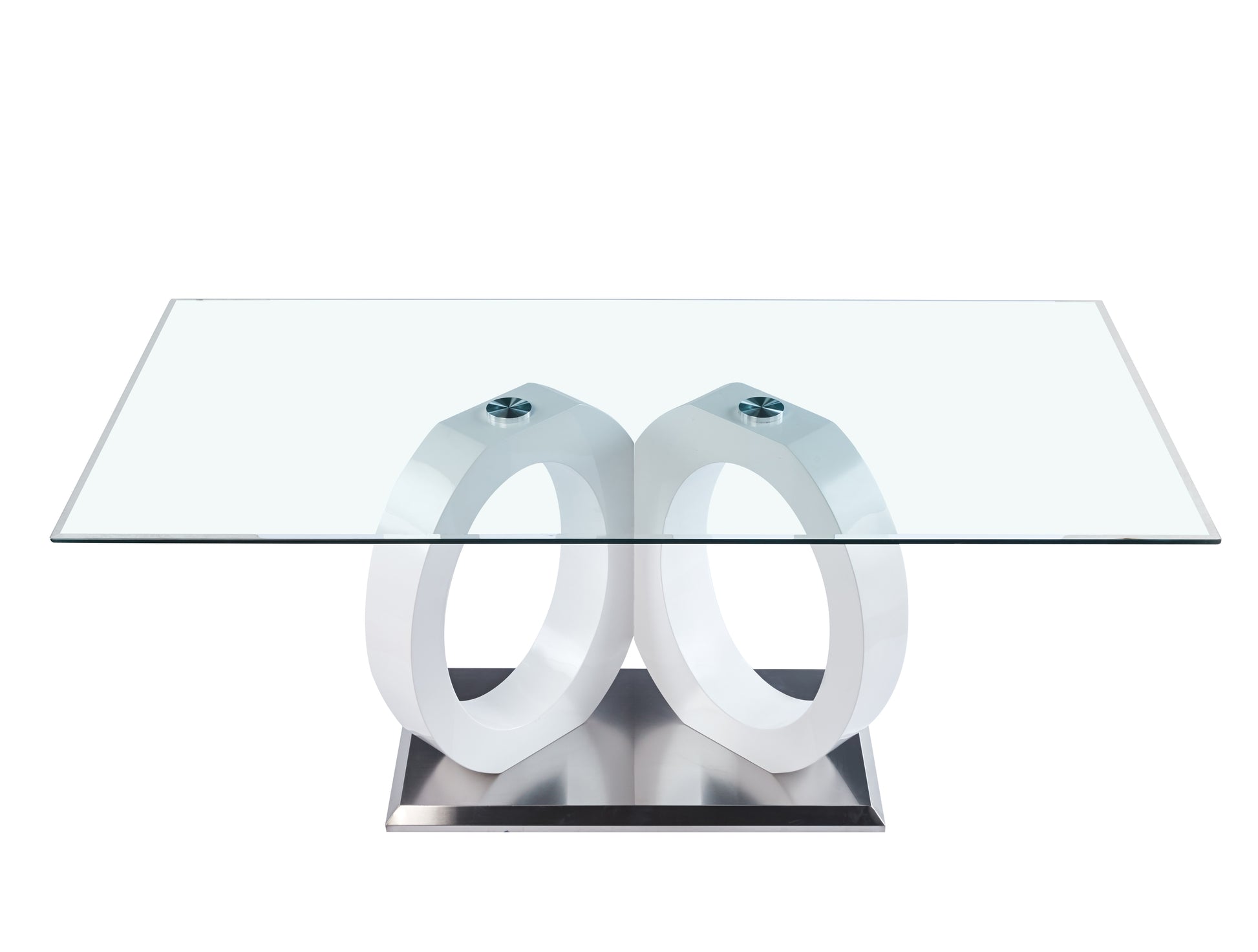 Modern Design Tempered Glass Dining Table With White Mdf Middle Support And Stainless Steel Base White Tempered Glass