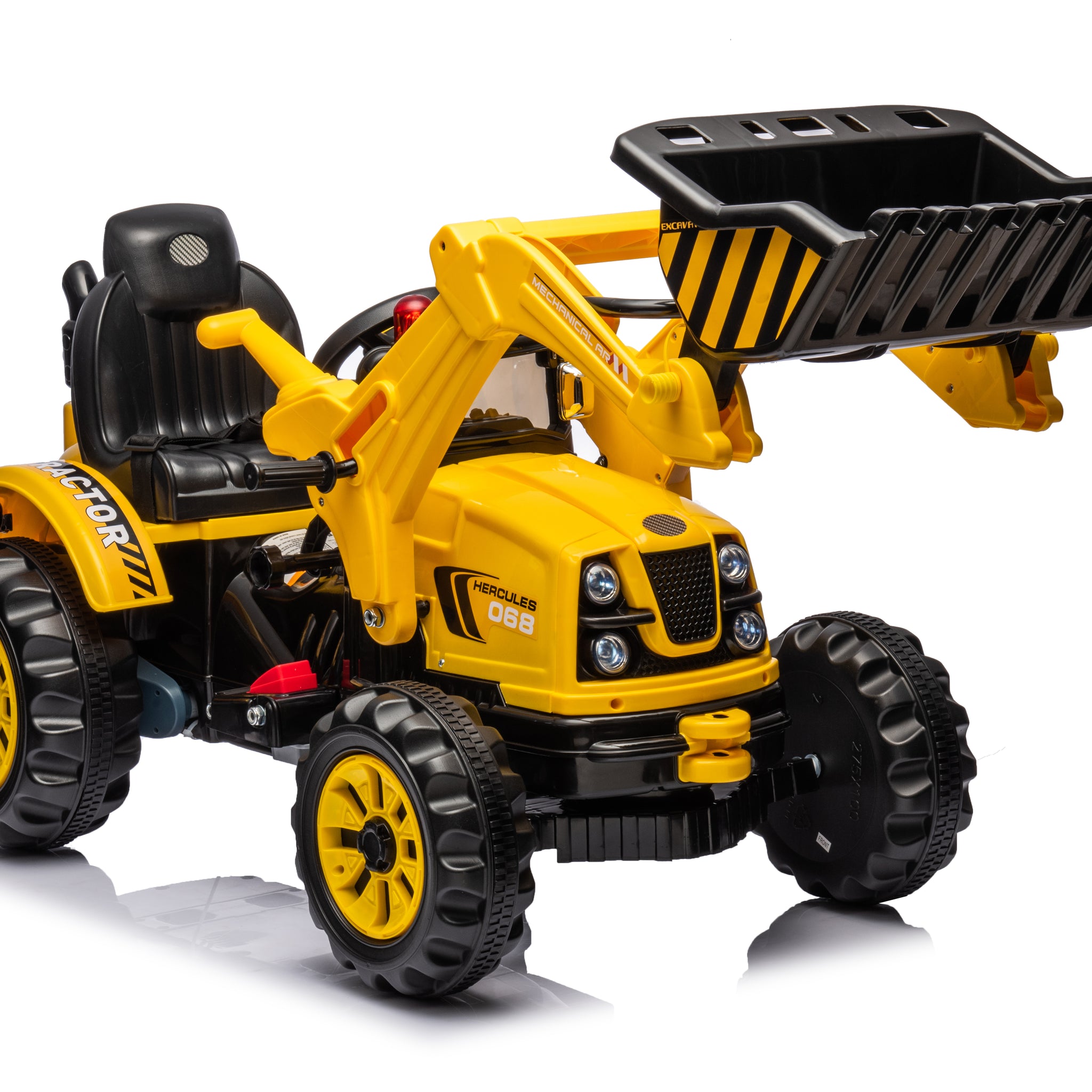 Ride On Excavator, 12V Battery Powered Construction Vehicles For Kids, Front Loader With Horn, 2 Speeds, Forward Backward, Safety Belt,Treaded Wheels, Digger, Yellow Ride On Car Yellow Plastic