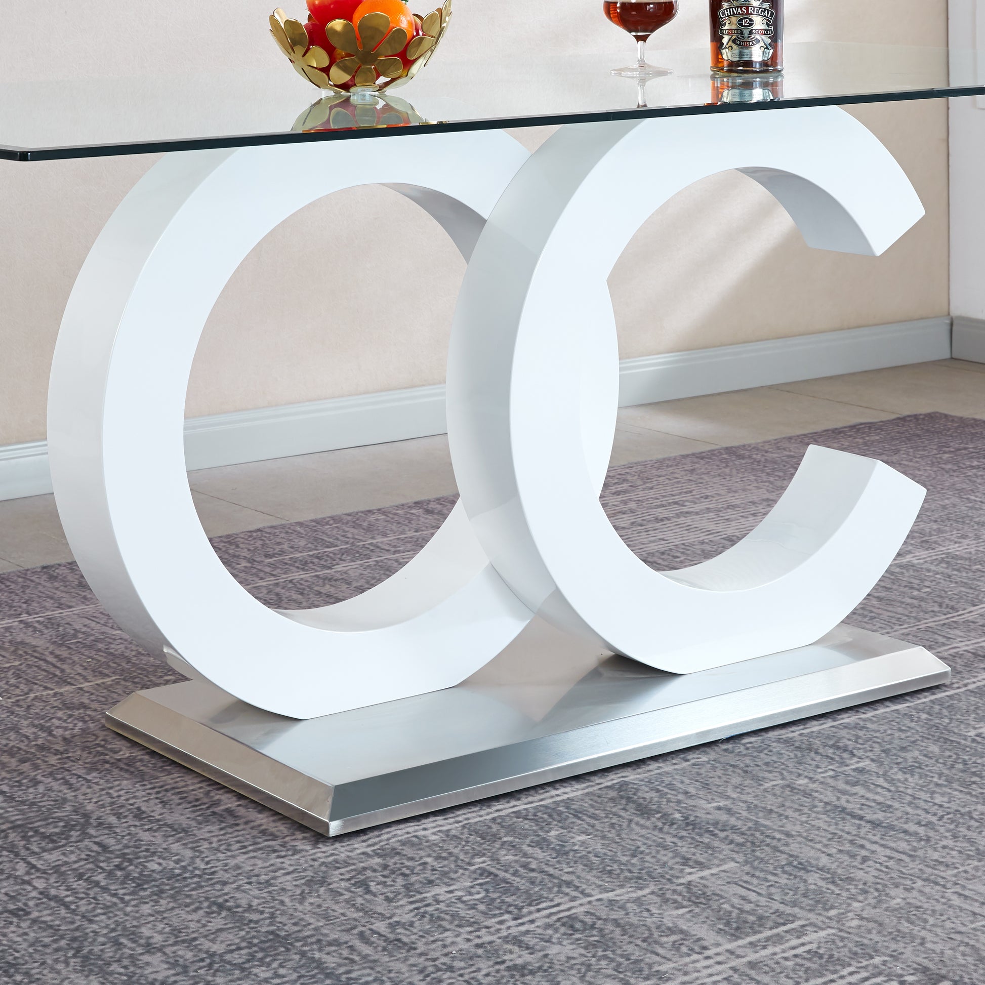 Tempered Glass Dining Table With White Mdf Middle Support And Stainless Steel Base For Modern Design White Tempered Glass