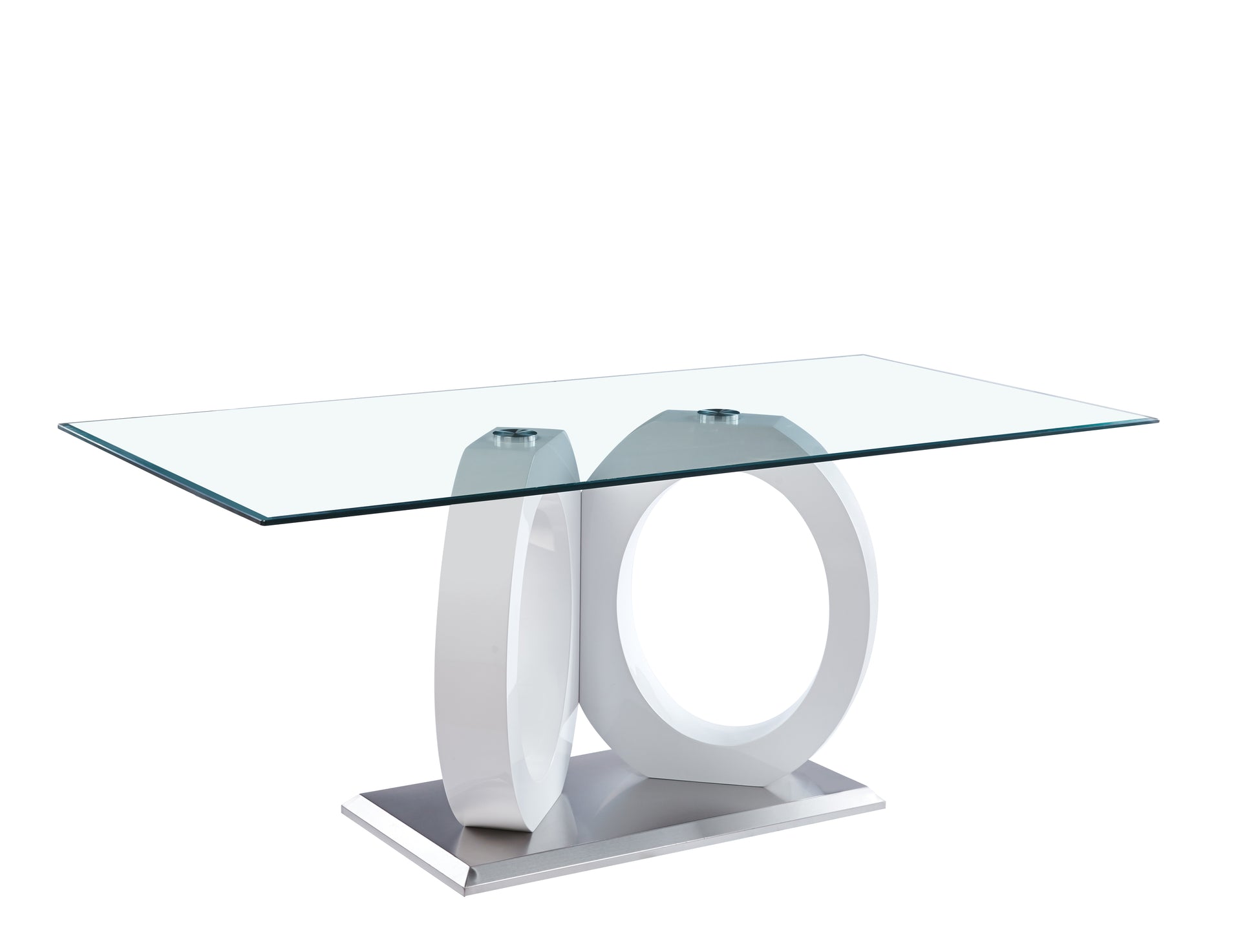 Modern Design Tempered Glass Dining Table With White Mdf Middle Support And Stainless Steel Base White Tempered Glass