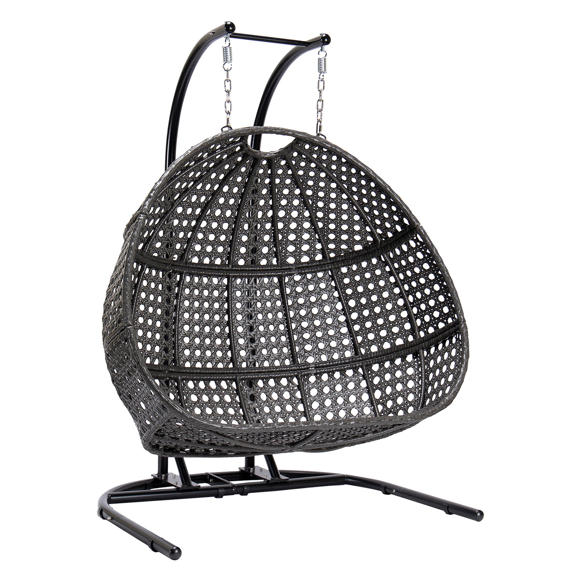 Double Seat Swing Chair With Stand And Cushion Black Blue Cotton Rattan