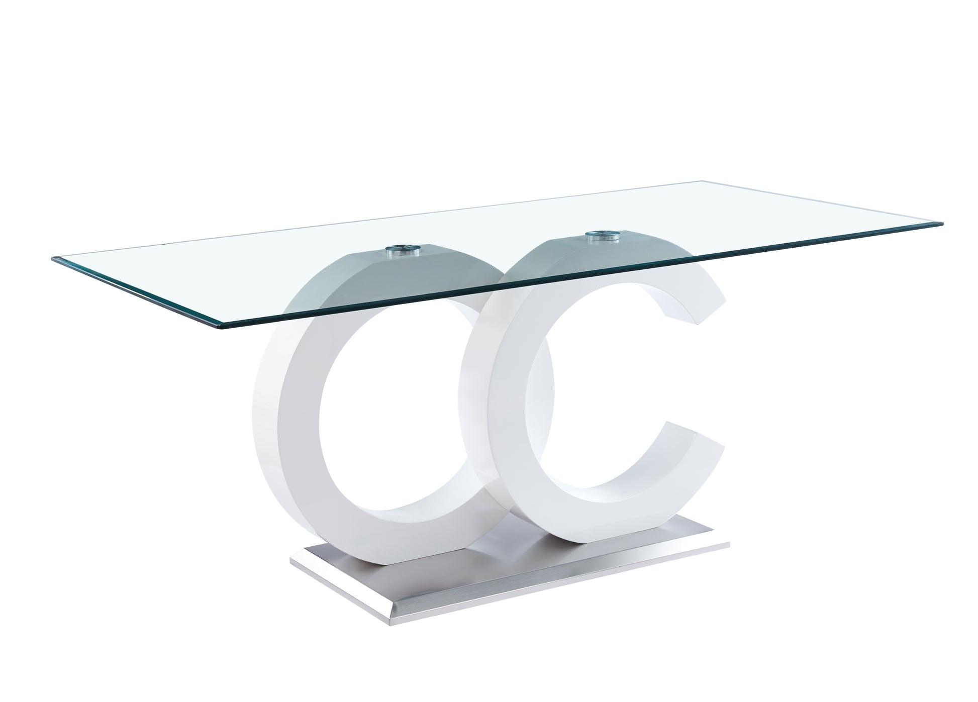 Tempered Glass Dining Table With White Mdf Middle Support And Stainless Steel Base For Modern Design White Tempered Glass