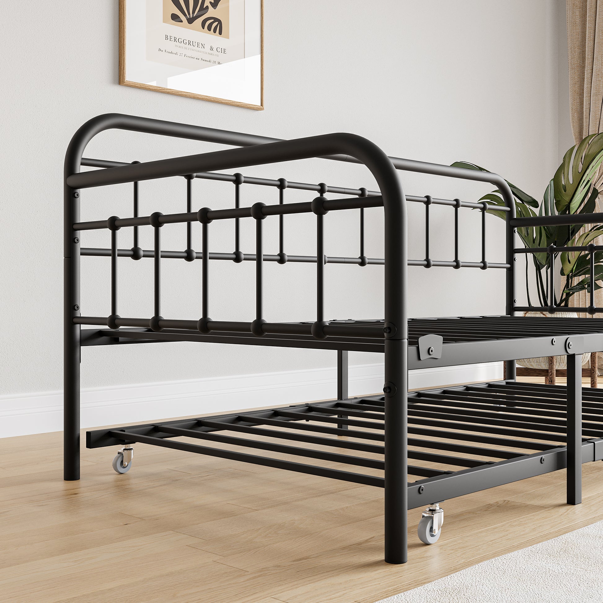 Twin Size Metal Daybed Frame With Trundle, Heavy Duty Steel Slat Support Sofa Bed Platform With Headboard, No Box Spring Needed, Black Box Spring Not Required Twin Black Metal Bedroom Metal