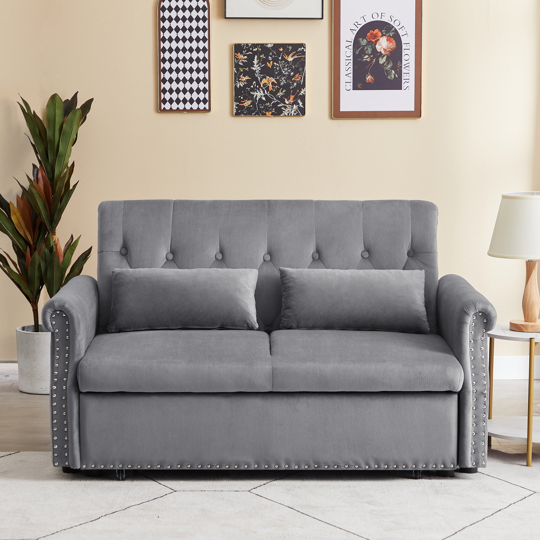 Artemax 55'' Modern Shiny Velvet Convertible Loveseat Sleeper Sofa Couch W 2 Lumbar Pillows, Adjustable Pull Out Bed And Removable Armrest For Nursery, Living Room, Apartment, Home Office Gray Foam Velvet