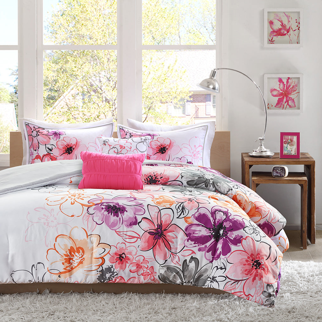 Floral Comforter Set Twin Pink Polyester