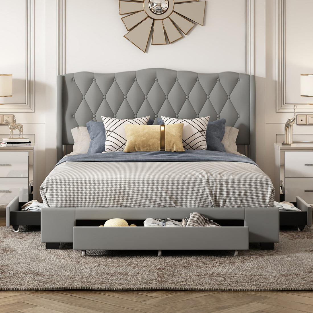 Upholstered Platform Bed With Tufted Headboard And 3 Drawers, No Box Spring Needed, Velvet Fabric, Queen Size Gray Gray Upholstered