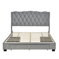 Upholstered Platform Bed With Tufted Headboard And 3 Drawers, No Box Spring Needed, Velvet Fabric, Queen Size Gray Gray Upholstered