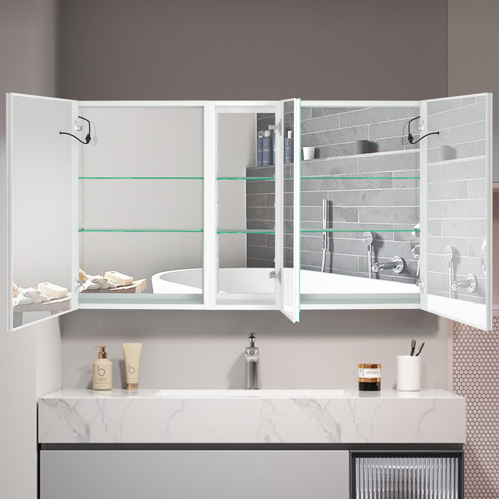 50X30 Inch Led Bathroom Medicine Cabinet Surface Mount Double Door Lighted Medicine Cabinet, Medicine Cabinets For Bathroom With Mirror Defogging, Dimmer White White Aluminium