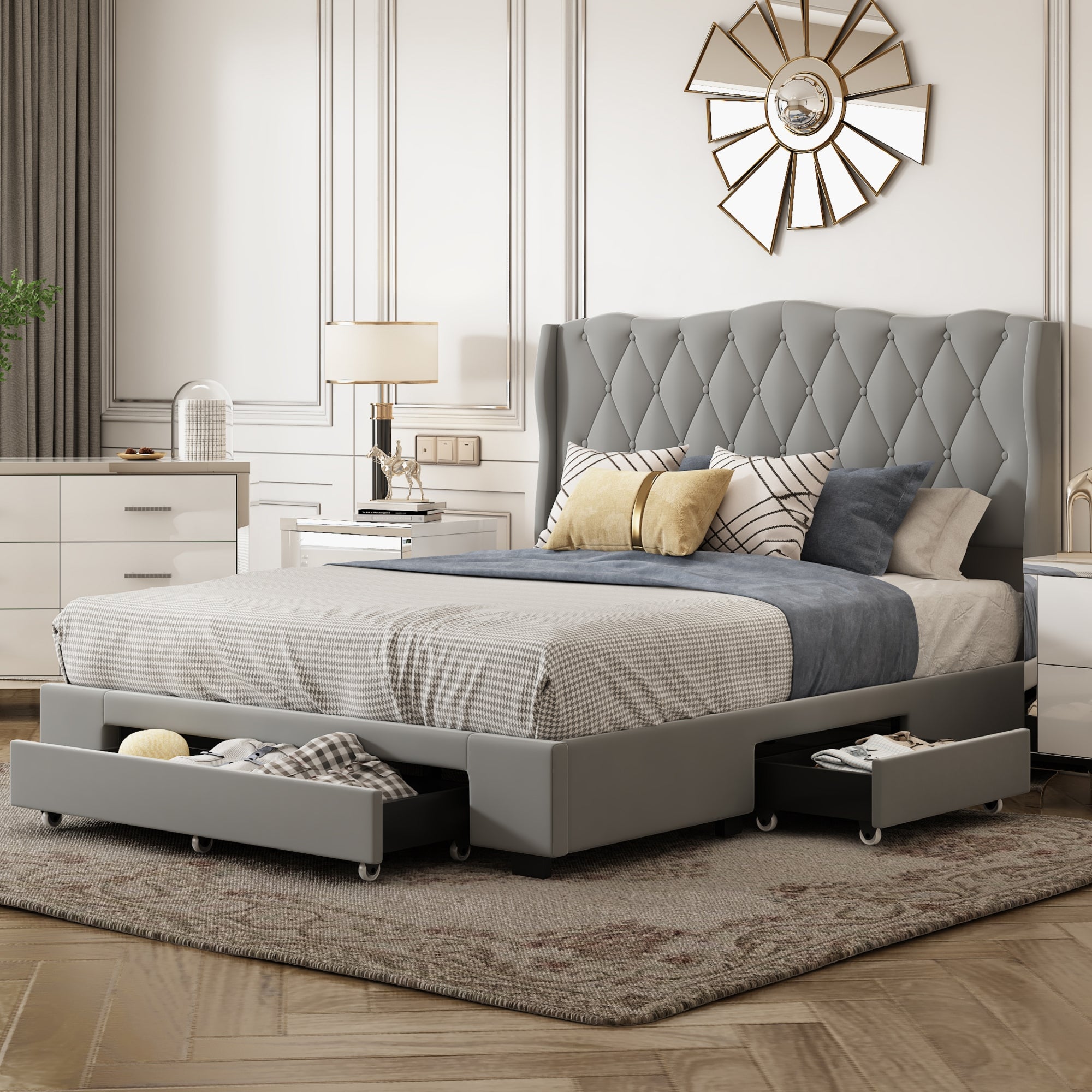 Upholstered Platform Bed With Tufted Headboard And 3 Drawers, No Box Spring Needed, Velvet Fabric, Queen Size Gray Gray Upholstered