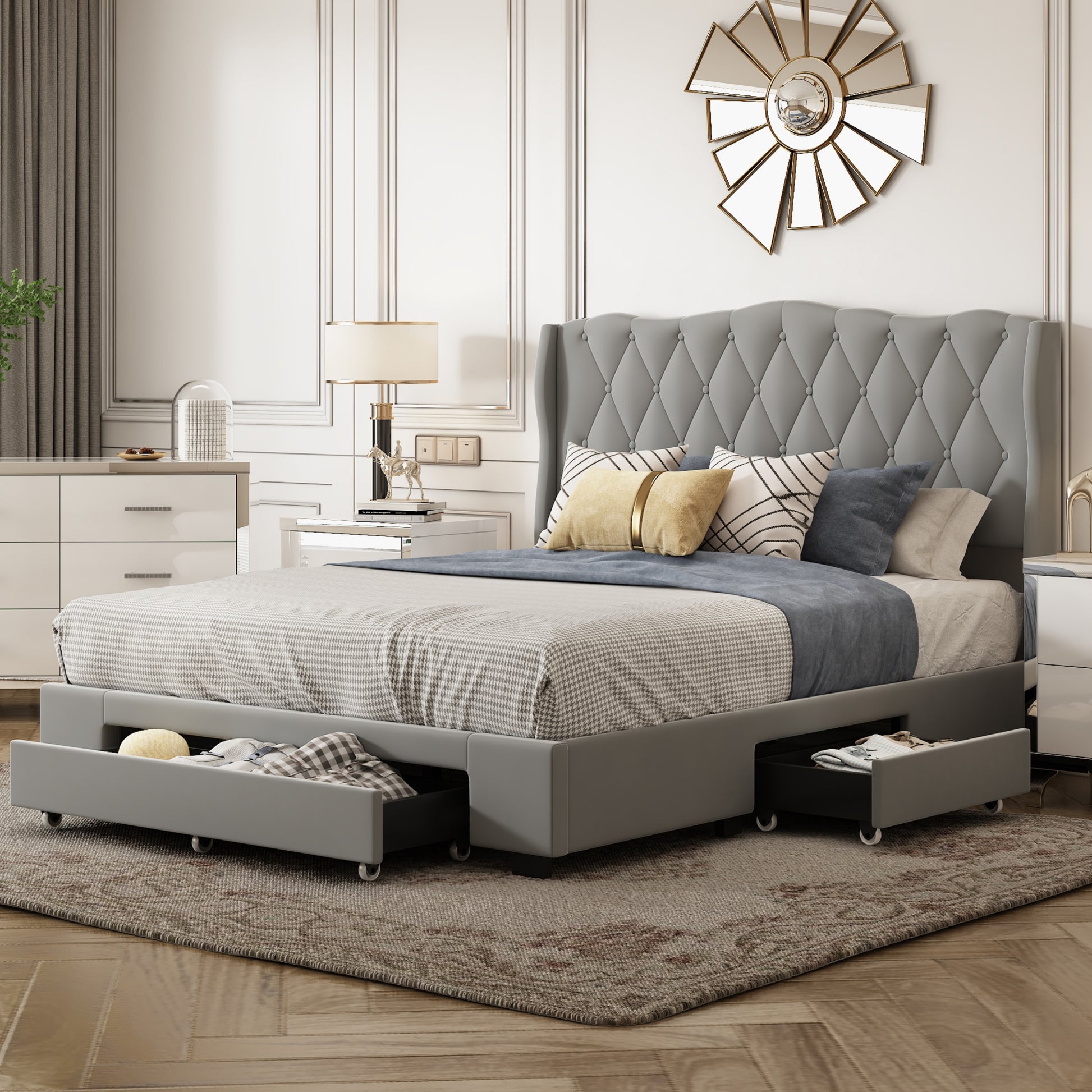 Upholstered Platform Bed With Tufted Headboard And 3 Drawers, No Box Spring Needed, Velvet Fabric, Queen Size Gray Gray Upholstered