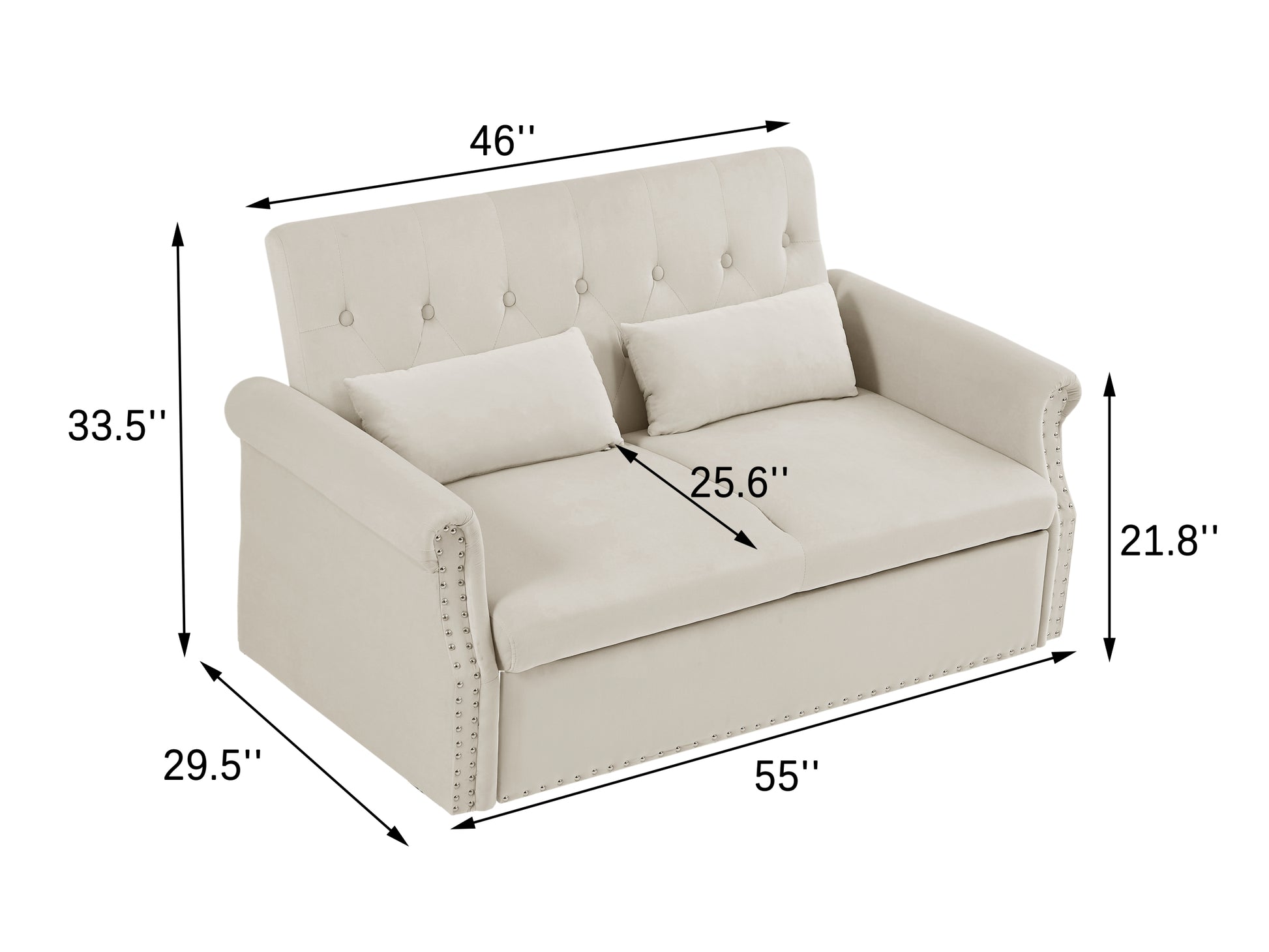 Artemax 55'' Modern Shiny Velvet Convertible Loveseat Sleeper Sofa Couch W 2 Lumbar Pillows, Adjustable Pull Out Bed And Removable Armrest For Nursery, Living Room, Apartment, Home Office Beige Foam Velvet