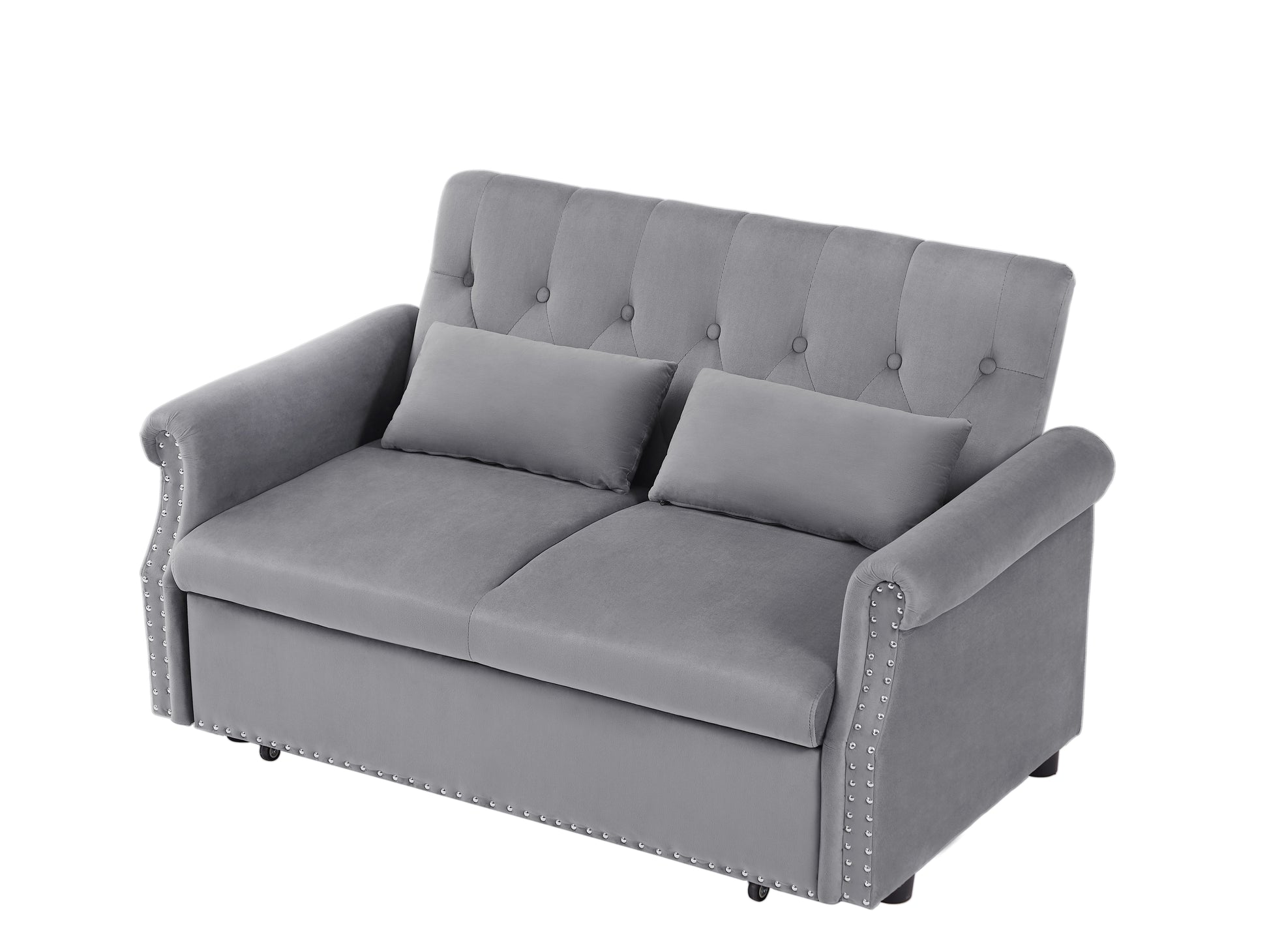 Artemax 55'' Modern Shiny Velvet Convertible Loveseat Sleeper Sofa Couch W 2 Lumbar Pillows, Adjustable Pull Out Bed And Removable Armrest For Nursery, Living Room, Apartment, Home Office Gray Foam Velvet