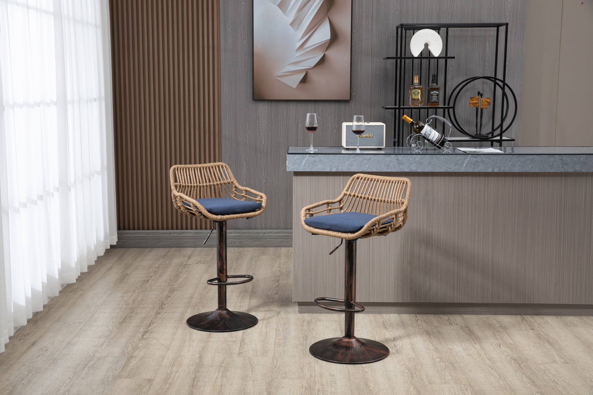 Coolmore Swivel Bar Stools Set Of 2 Adjustable Counter Height Chairs With Footrest For Kitchen, Dining Room 2Pc Set Blue Polyester