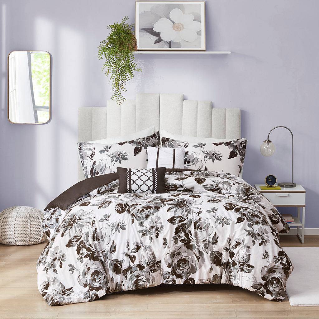 Floral Print Duvet Cover Set King White Black Microfiber