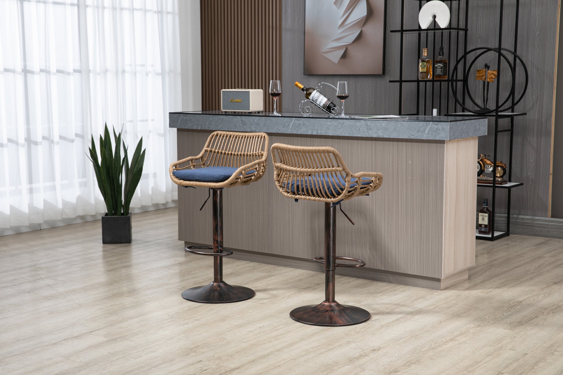 Coolmore Swivel Bar Stools Set Of 2 Adjustable Counter Height Chairs With Footrest For Kitchen, Dining Room 2Pc Set Blue Polyester