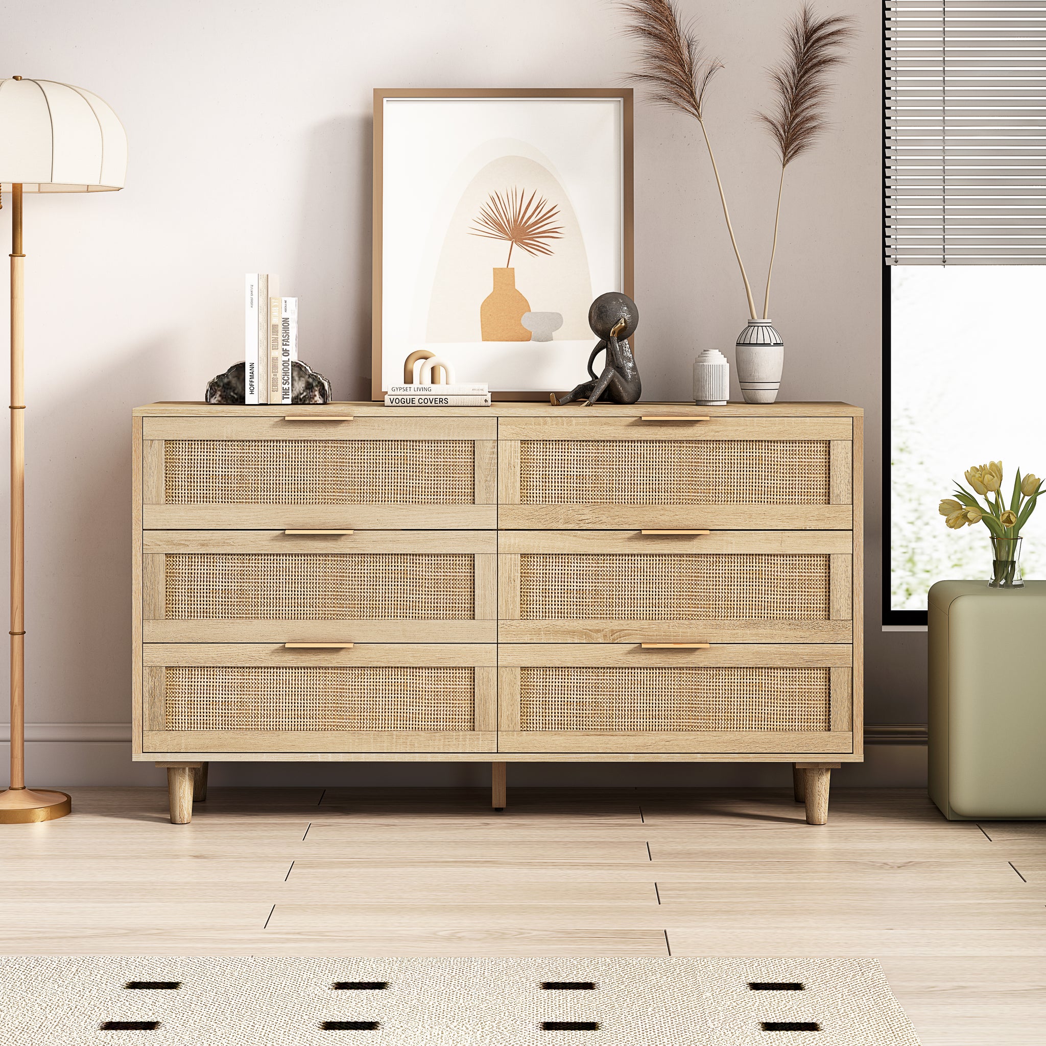 51.18"6 Drawers Rattan Storage Cabinet Rattan Drawer,For Bedroom,Living Room,Natural Same Sku:W757P198980 Natural Particle Board