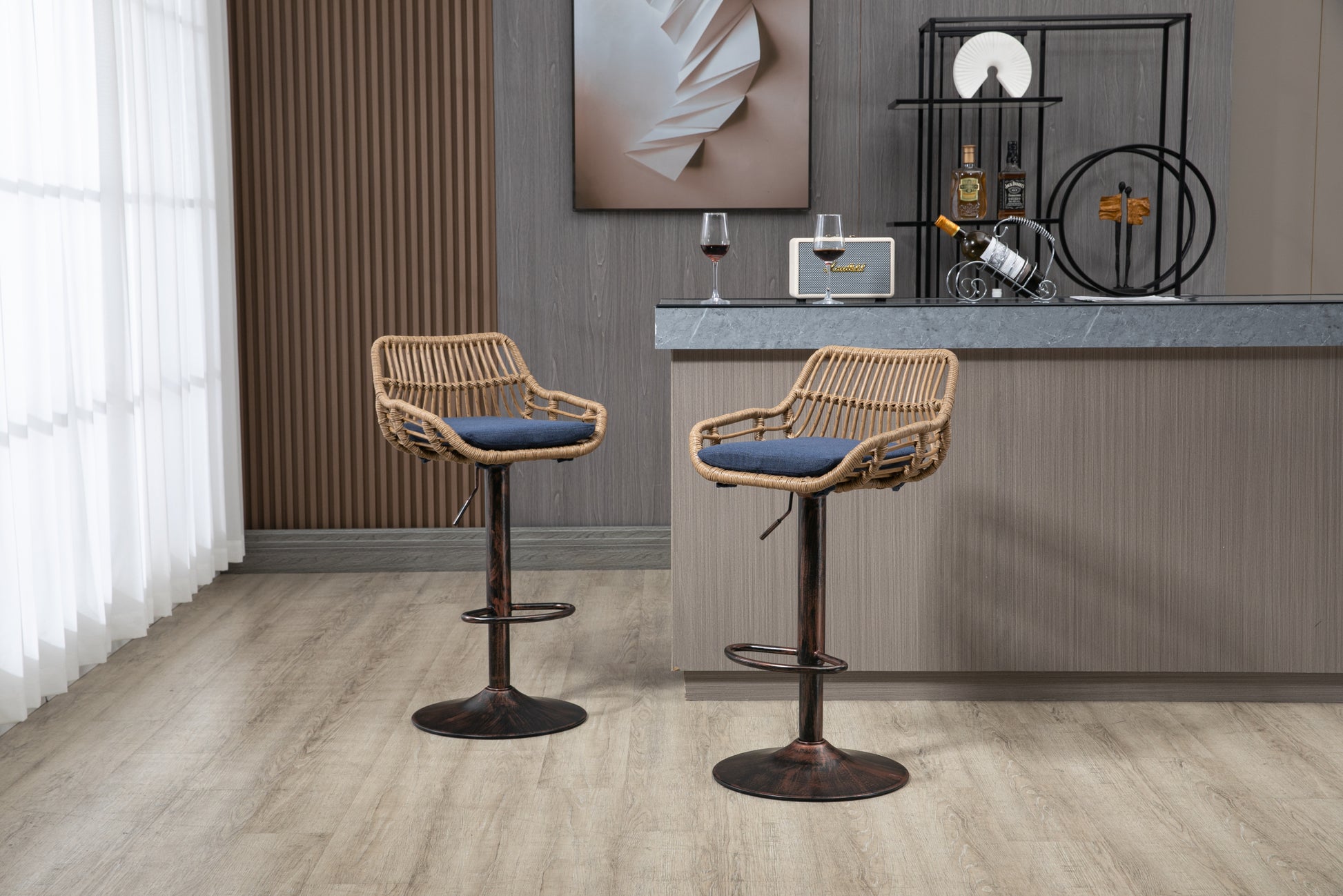 Coolmore Swivel Bar Stools Set Of 2 Adjustable Counter Height Chairs With Footrest For Kitchen, Dining Room 2Pc Set Blue Polyester