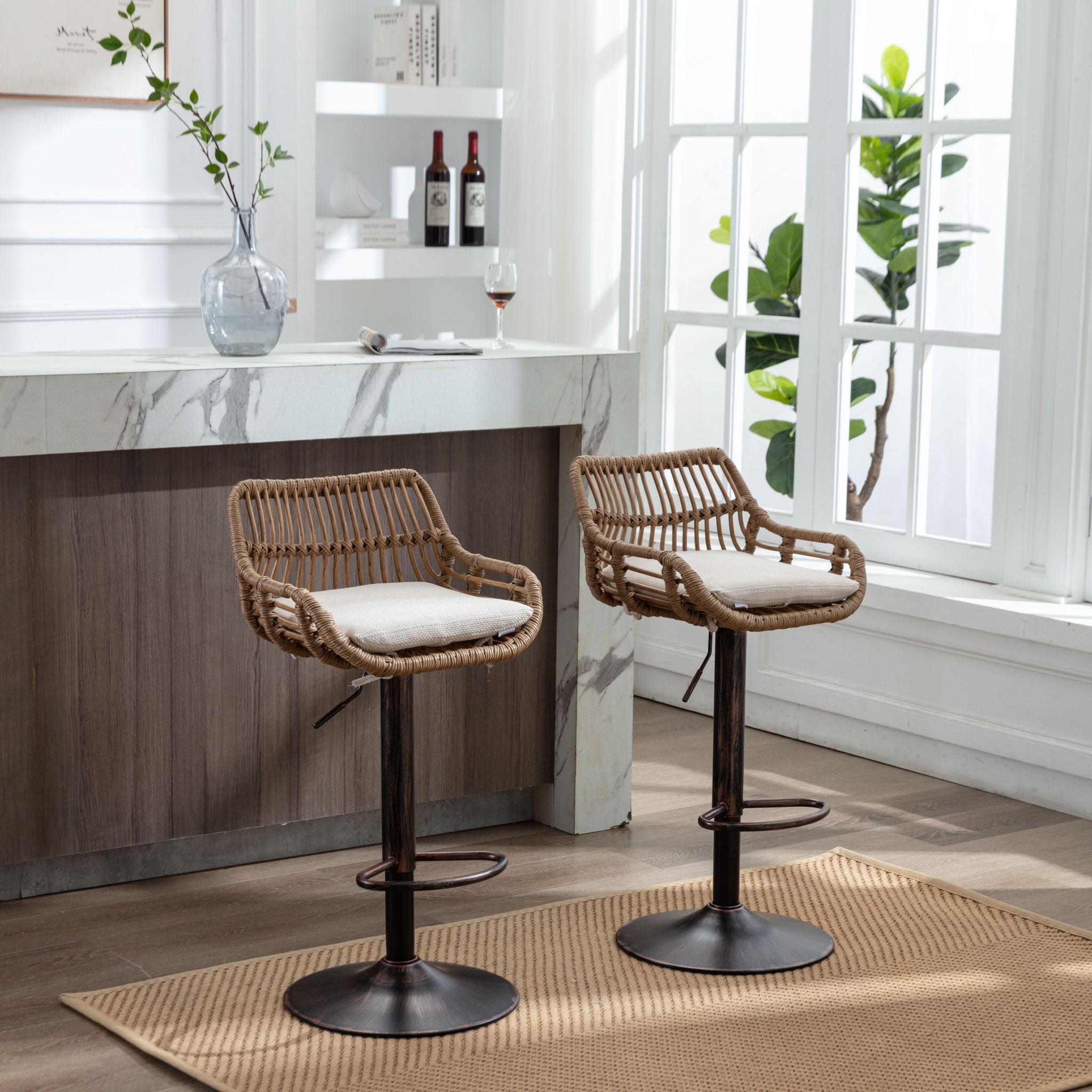 Coolmore Swivel Bar Stools Set Of 2 Adjustable Counter Height Chairs With Footrest For Kitchen, Dining Room 2Pc Set Beige Polyester