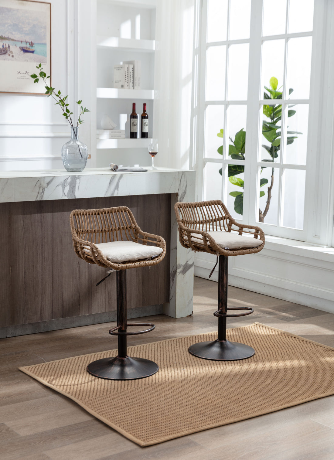 Coolmore Swivel Bar Stools Set Of 2 Adjustable Counter Height Chairs With Footrest For Kitchen, Dining Room 2Pc Set Beige Polyester