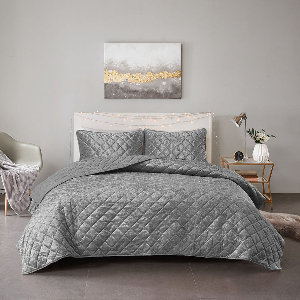 Velvet Quilt Set Full Grey Polyester
