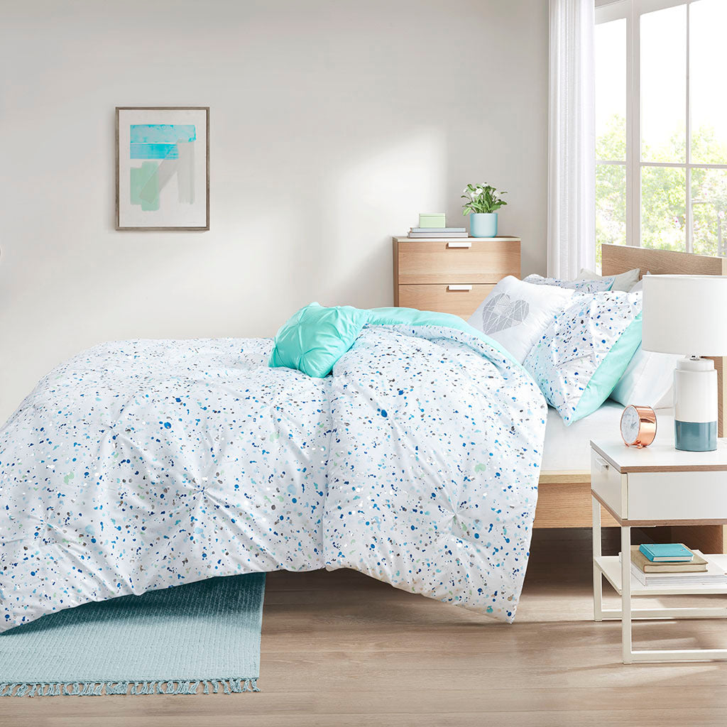 Metallic Printed And Pintucked Comforter Set Twin Aqua Blue Polyester