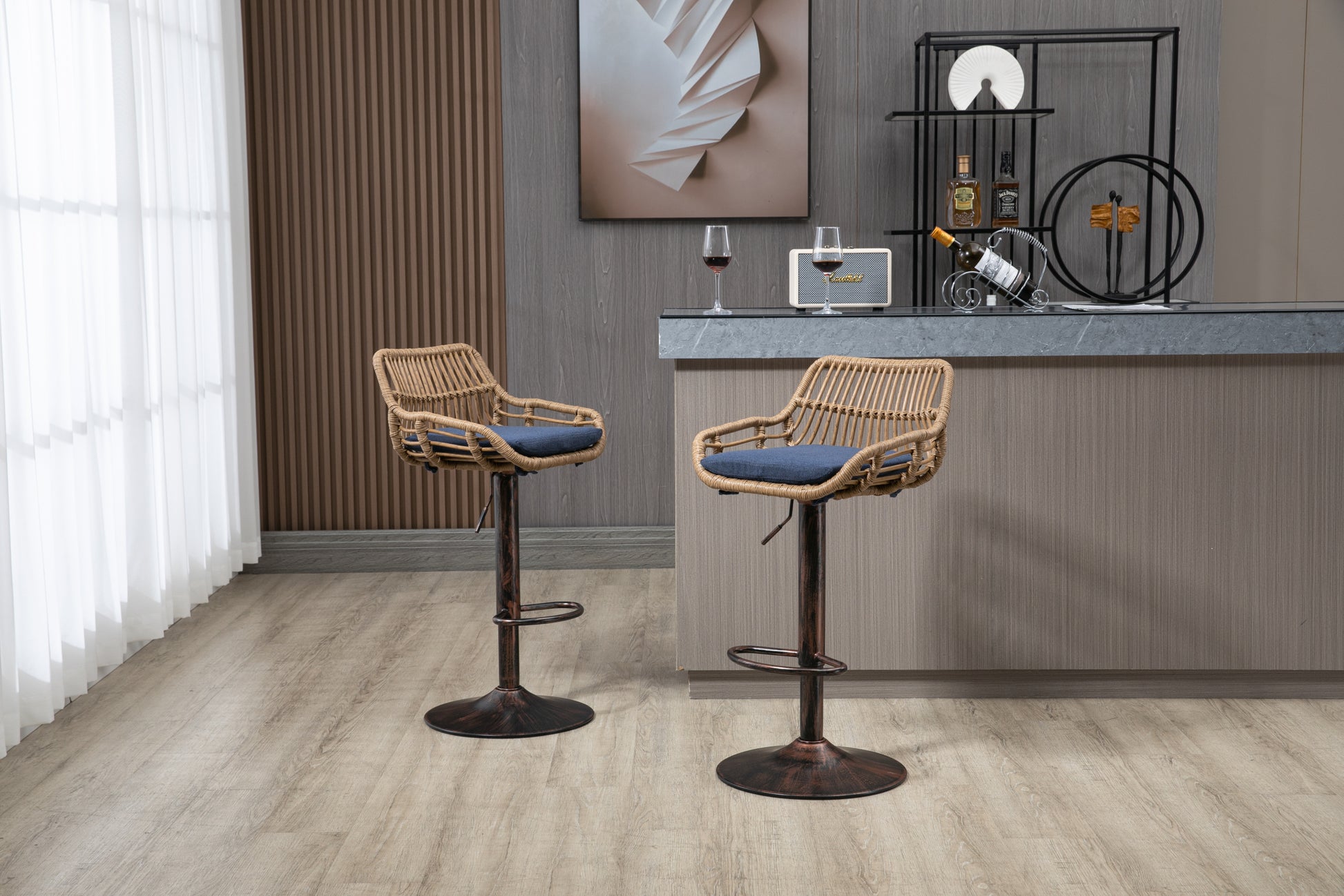 Coolmore Swivel Bar Stools Set Of 2 Adjustable Counter Height Chairs With Footrest For Kitchen, Dining Room 2Pc Set Blue Polyester